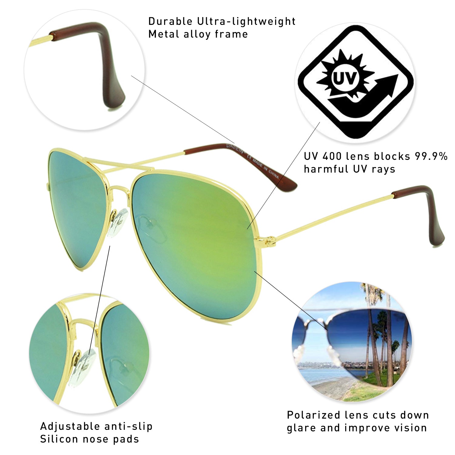 Unisex Classic Metal Sunglasses Polarized Color Lens Aviator Glasses