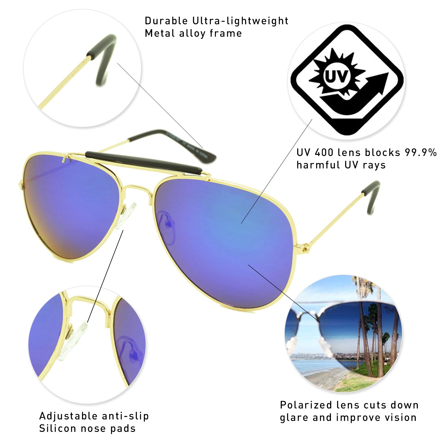 Dasein Metal Aviator Polarized Sunglasses with 100% UV Protection