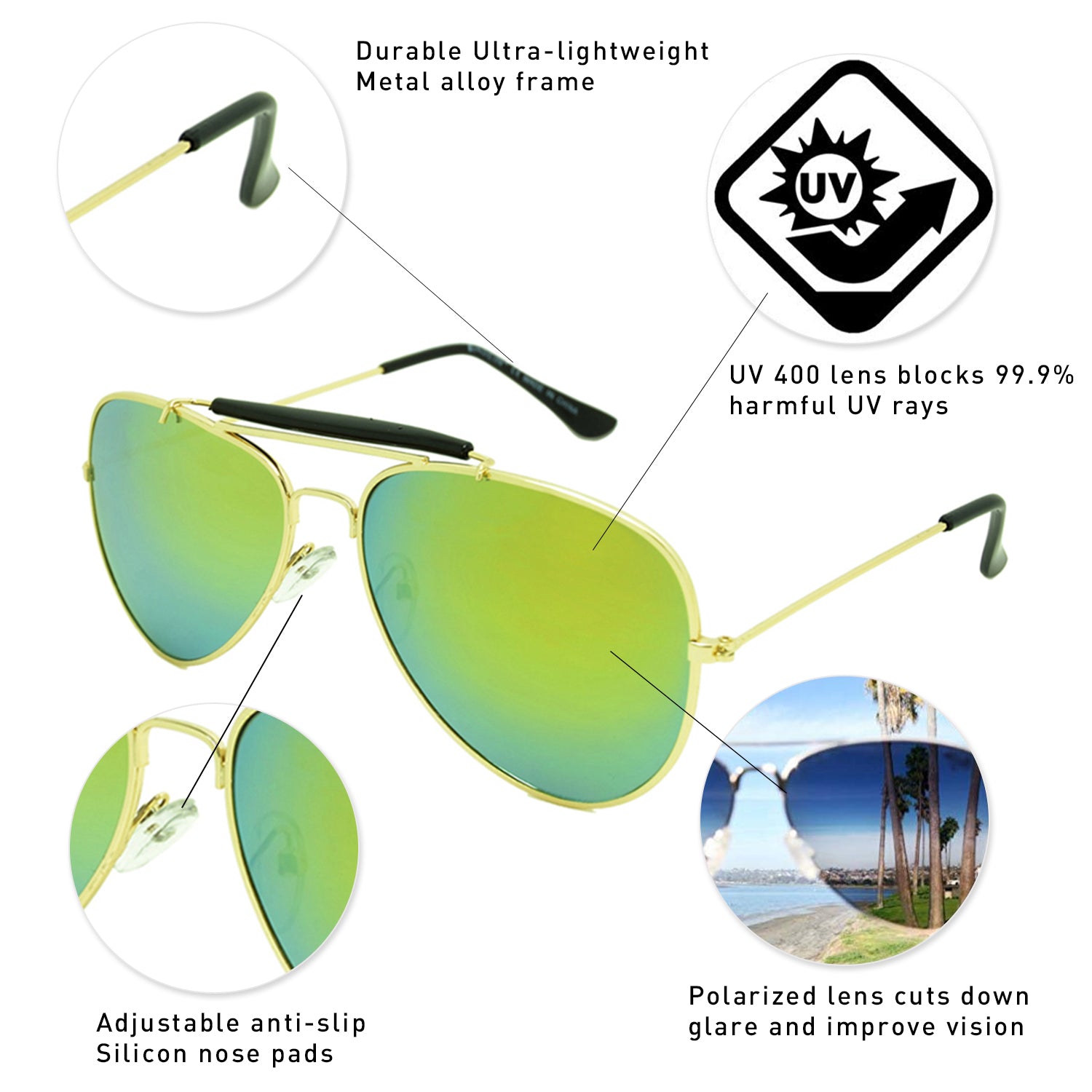 Dasein Metal Aviator Polarized Sunglasses with 100% UV Protection