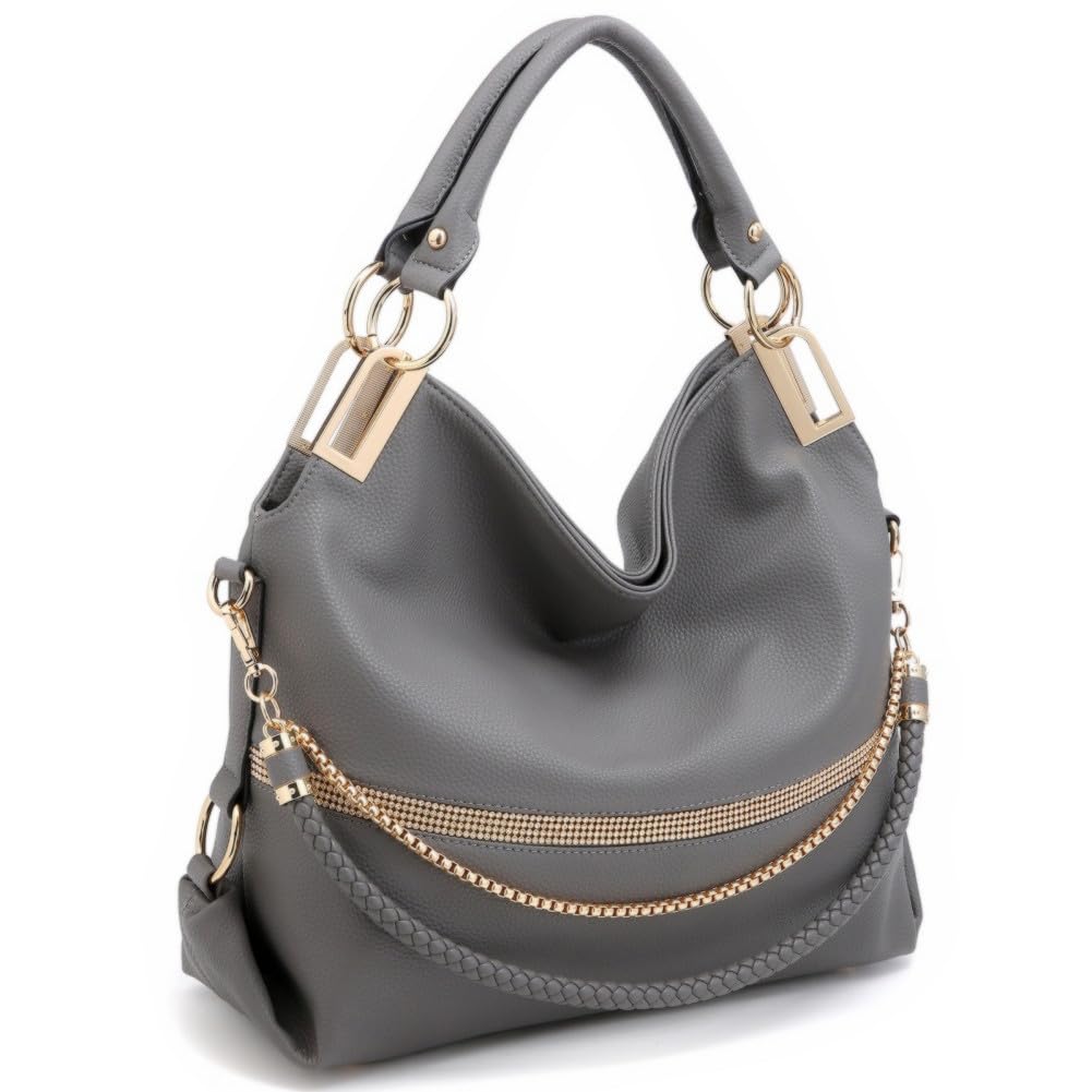 Women's Large Hobo Bag with Rhinestone Accents Vegan Leather Tote Purse Shoulder Handbag for Ladies