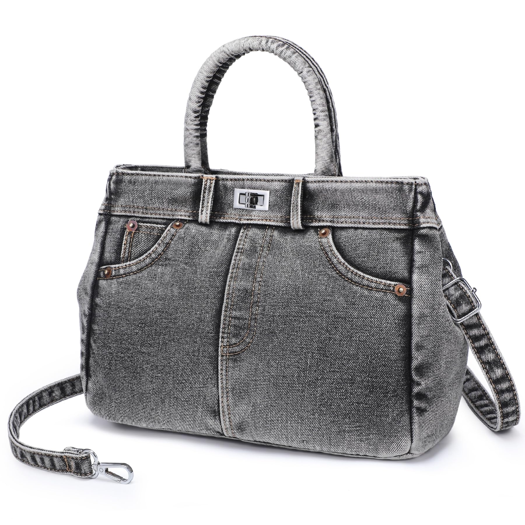 Trendy Denim Crossbody Bag Lightweight Satchel Shoulder Purse Handbag for Women w/Turn-Lock/Long Strap/Top Handle