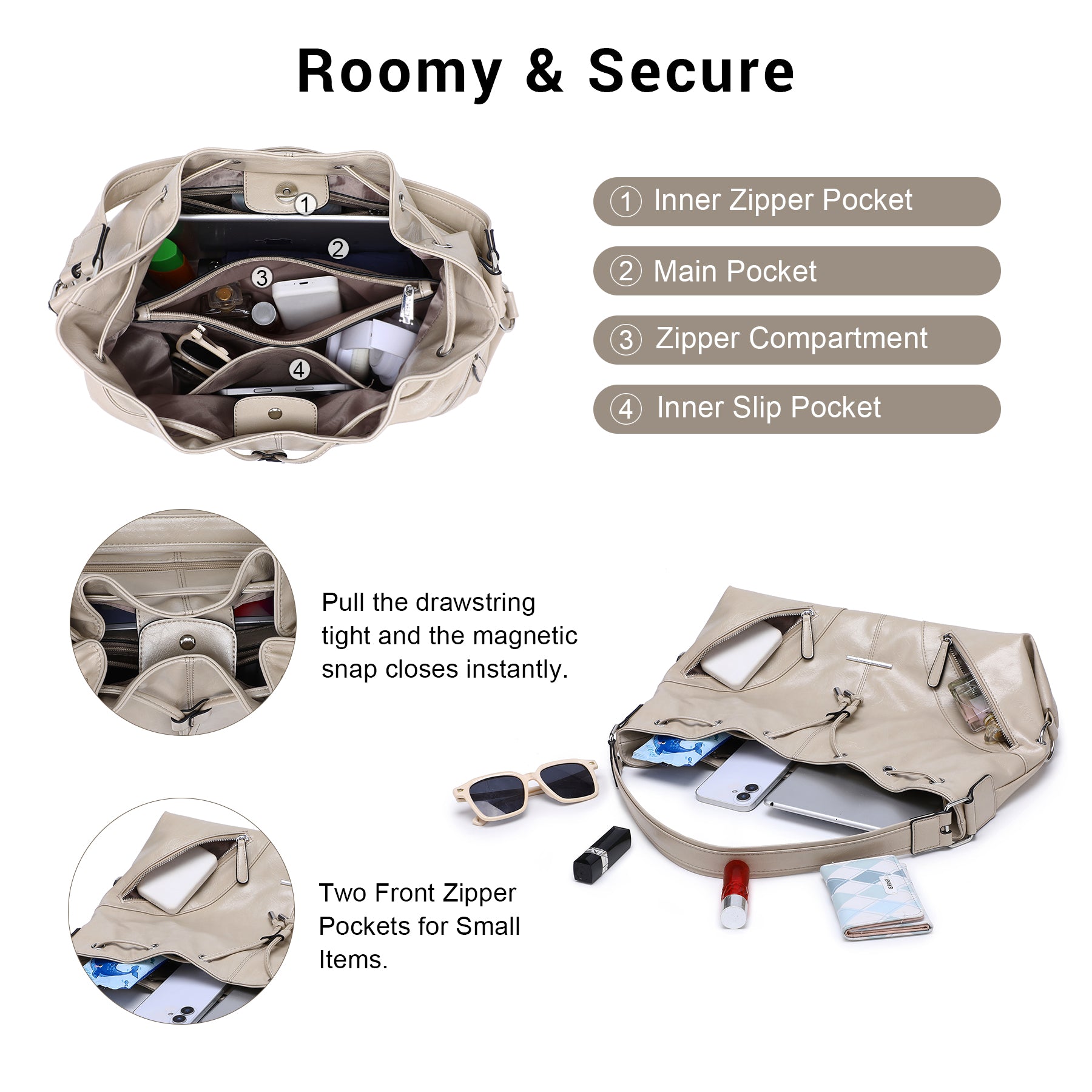 Large Hobo Bag Drawstring Handbag Purses for Women Bucket Tote Bags for Work/Travel/Commute