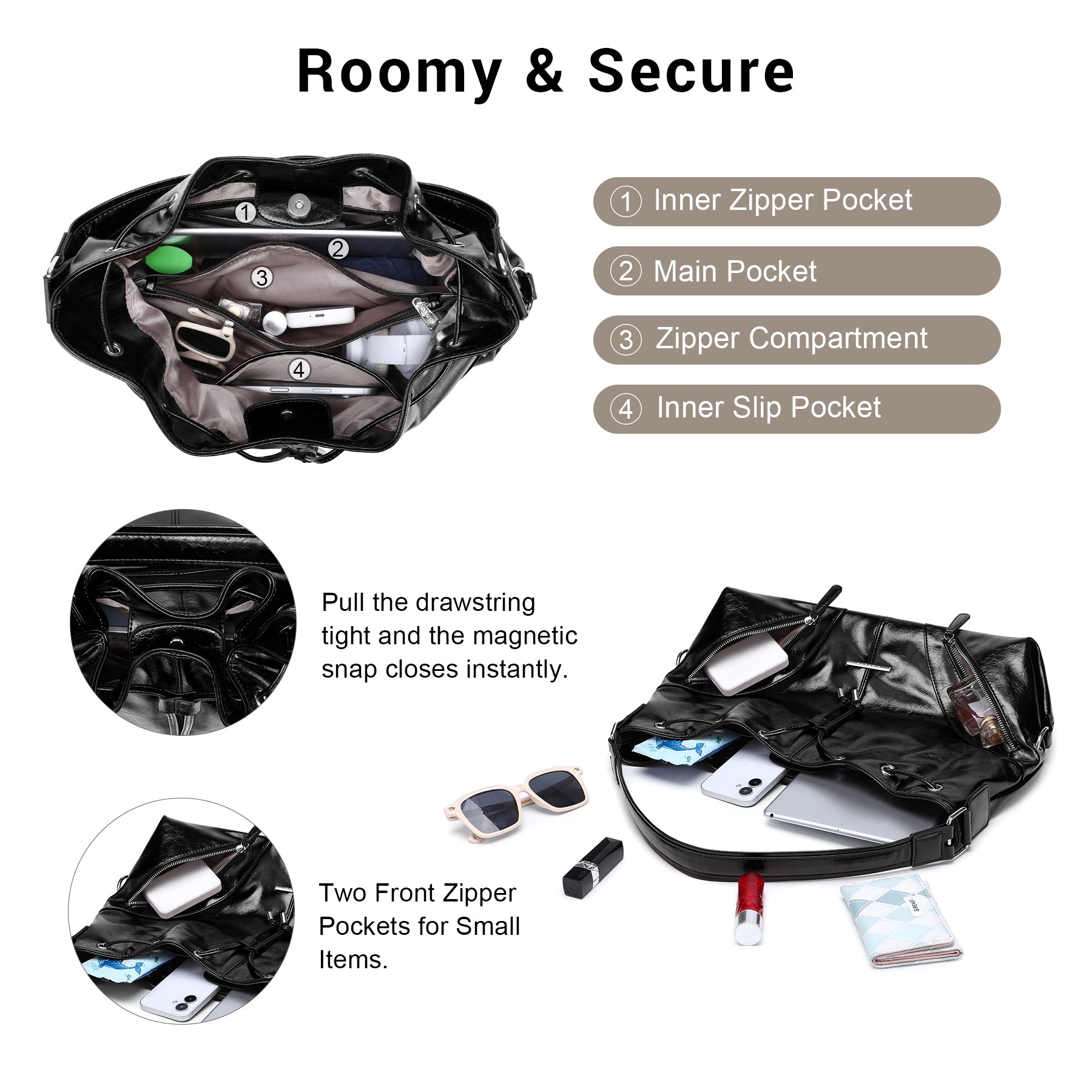 Large Hobo Bag Drawstring Handbag Purses for Women Bucket Tote Bags for Work/Travel/Commute