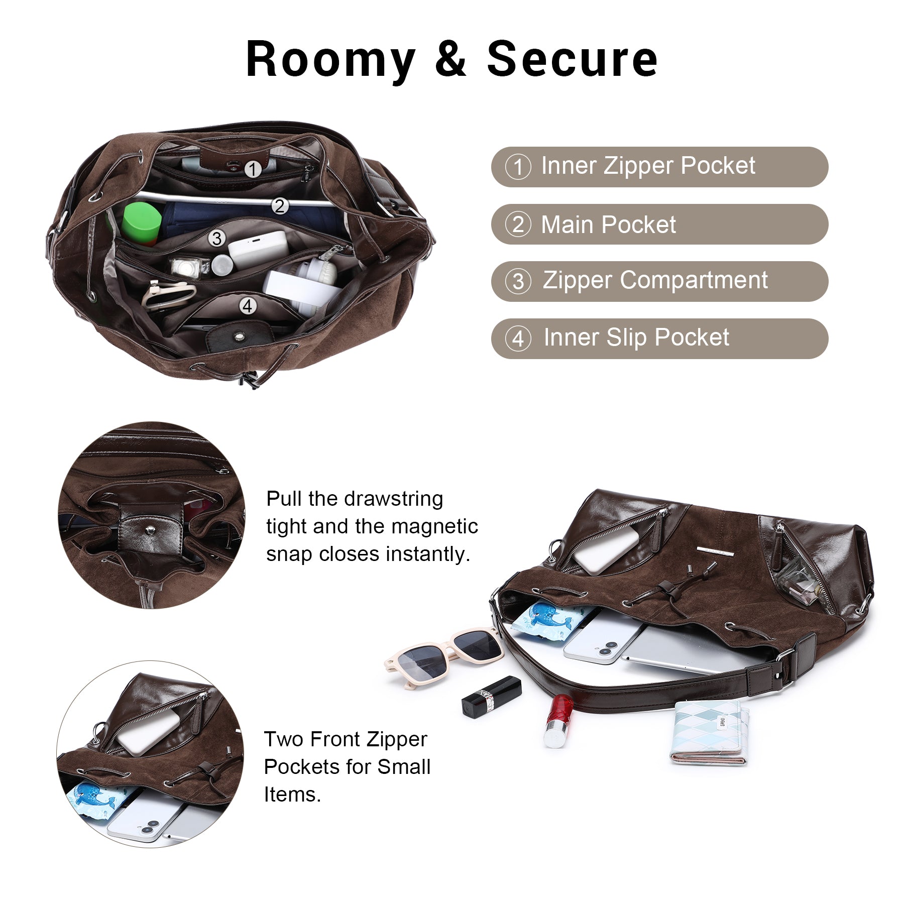 Large Hobo Bag Drawstring Handbag Purses for Women Bucket Tote Bags for Work/Travel/Commute