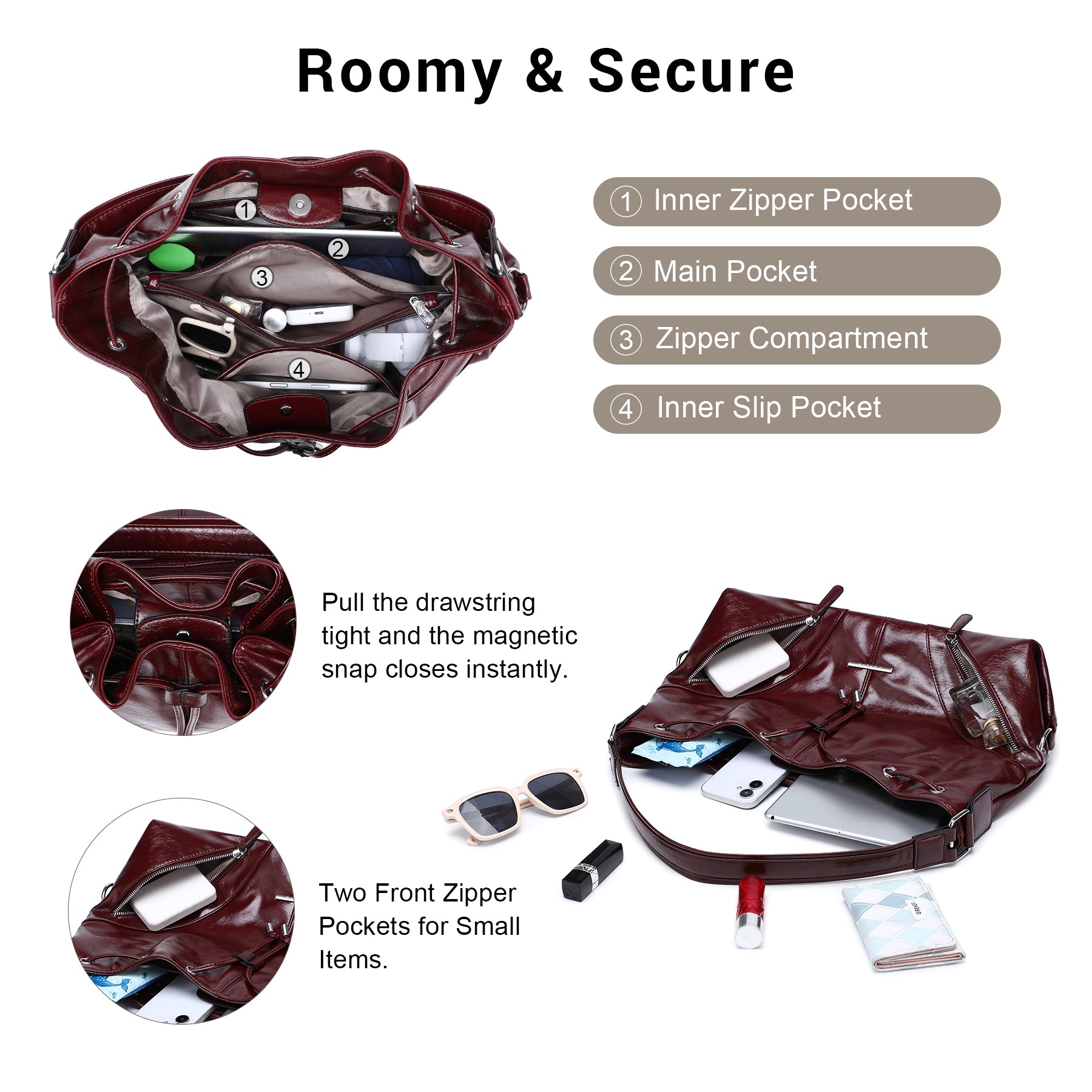 Large Hobo Bag Drawstring Handbag Purses for Women Bucket Tote Bags for Work/Travel/Commute