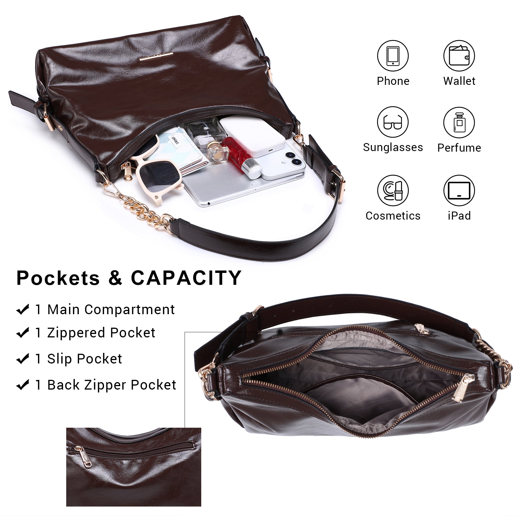 Womens Retro Hobo Bag Trendy Shoulder Purse Multi-Pocket Handbags Tote for Work/Shopping/Travel
