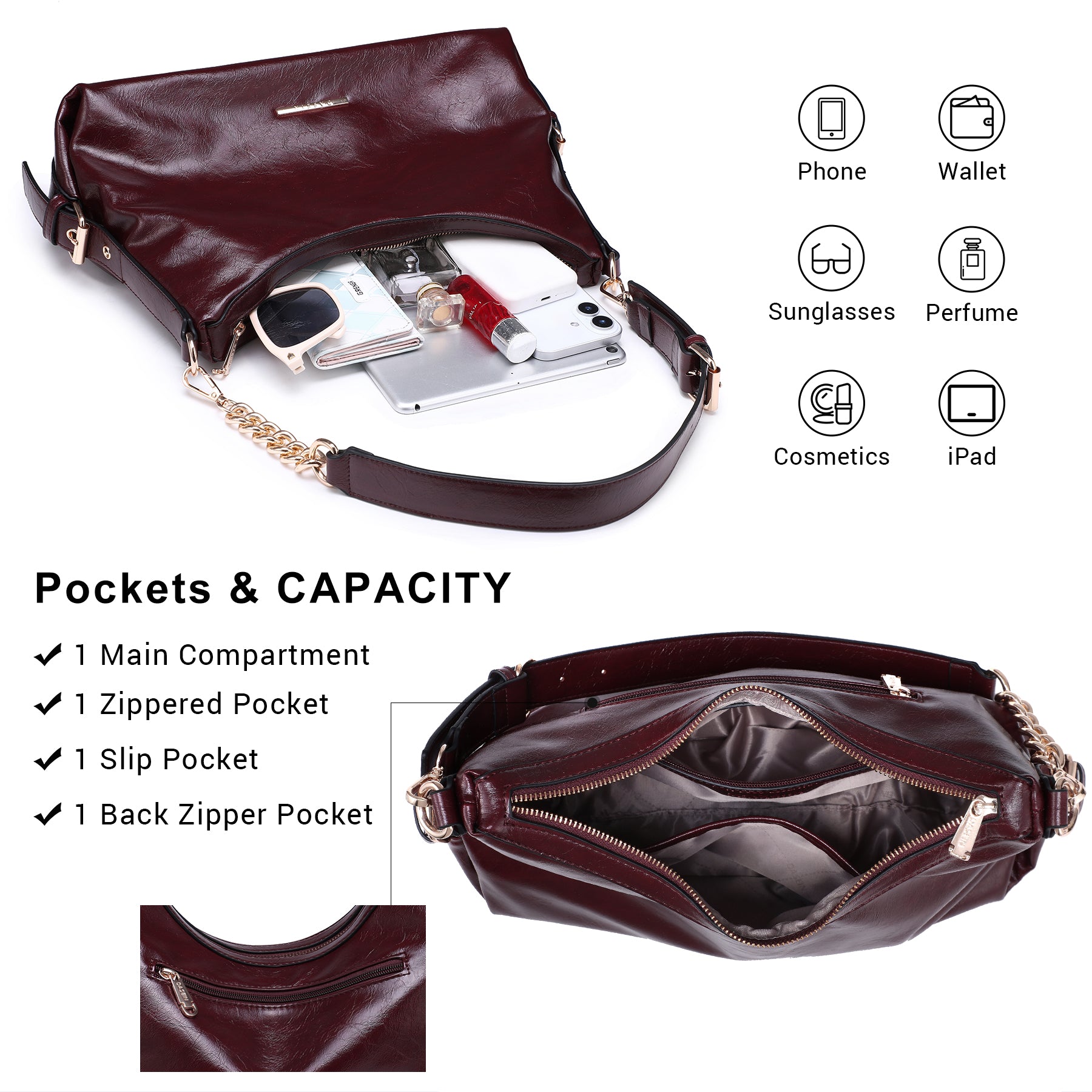 Womens Retro Hobo Bag Trendy Shoulder Purse Multi-Pocket Handbags Tote for Work/Shopping/Travel