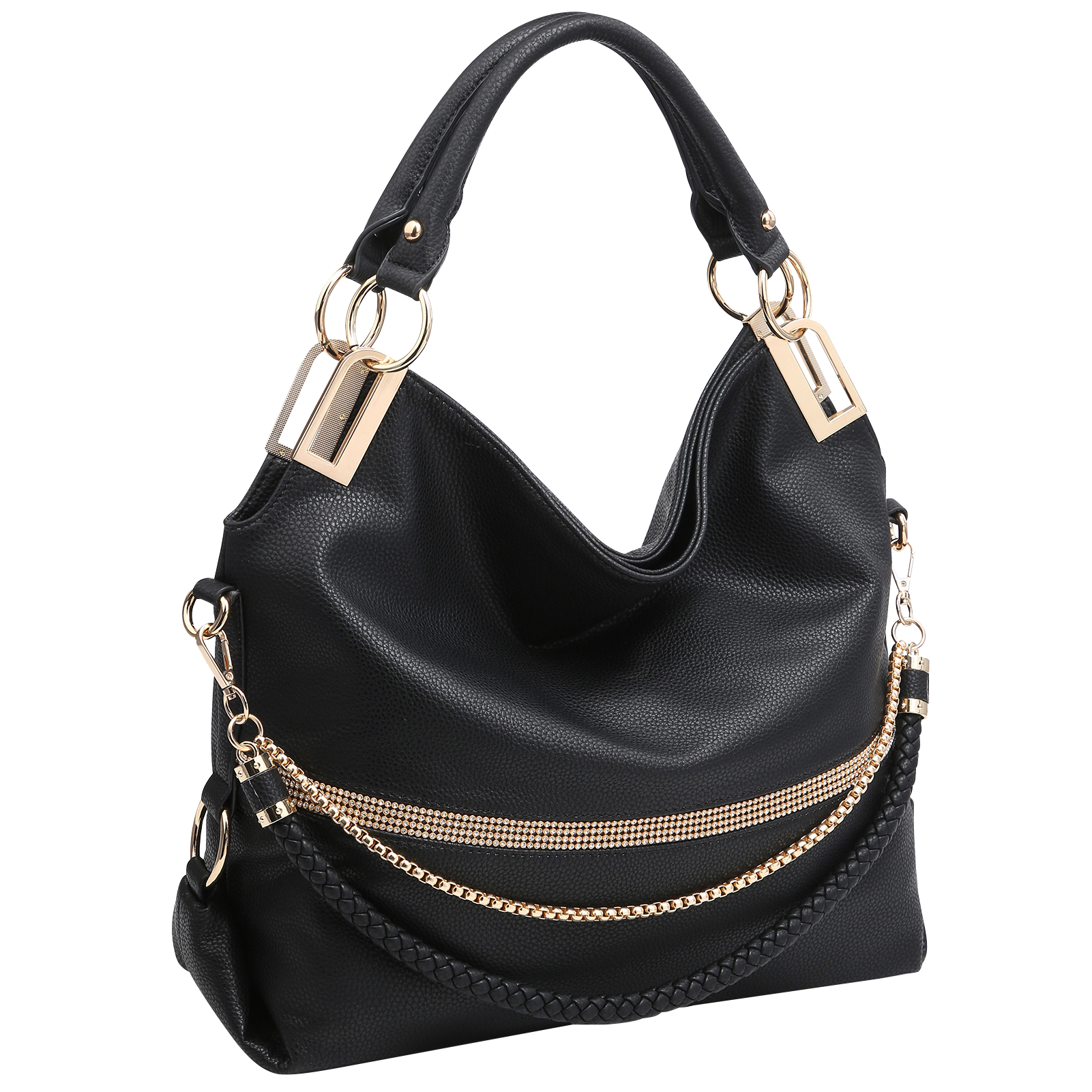 Women's Large Hobo Bag with Rhinestone Accents Vegan Leather Tote Purse Shoulder Handbag for Ladies