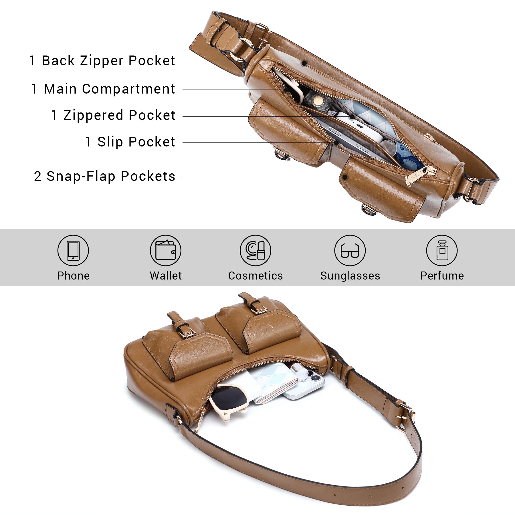 Retro Shoulder Purse for Women Faux Oiled Leather Hobo Bag Y2K Handbag with Buckle Pockets