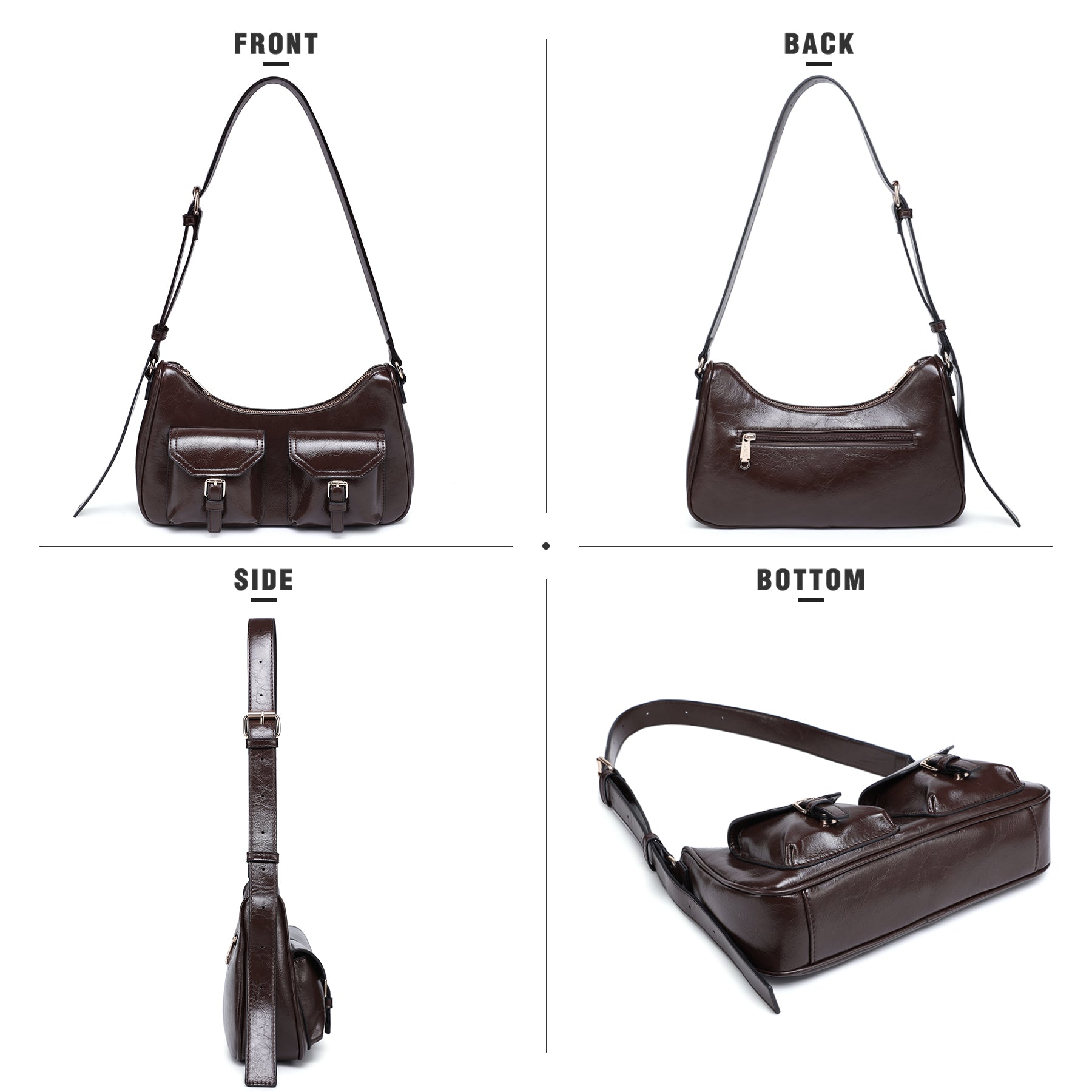 Retro Shoulder Purse for Women Faux Oiled Leather Hobo Bag Y2K Handbag with Buckle Pockets