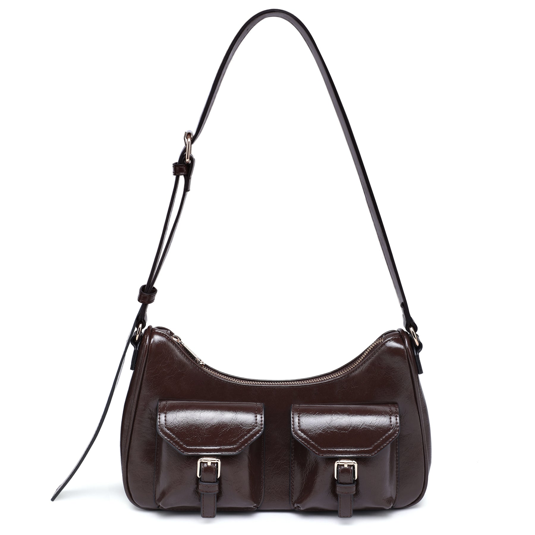 Retro Shoulder Purse for Women Faux Oiled Leather Hobo Bag Y2K Handbag with Buckle Pockets