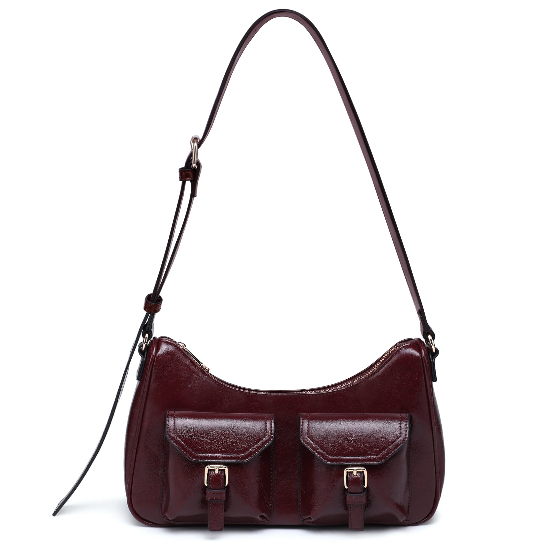 Retro Shoulder Purse for Women Faux Oiled Leather Hobo Bag Y2K Handbag with Buckle Pockets