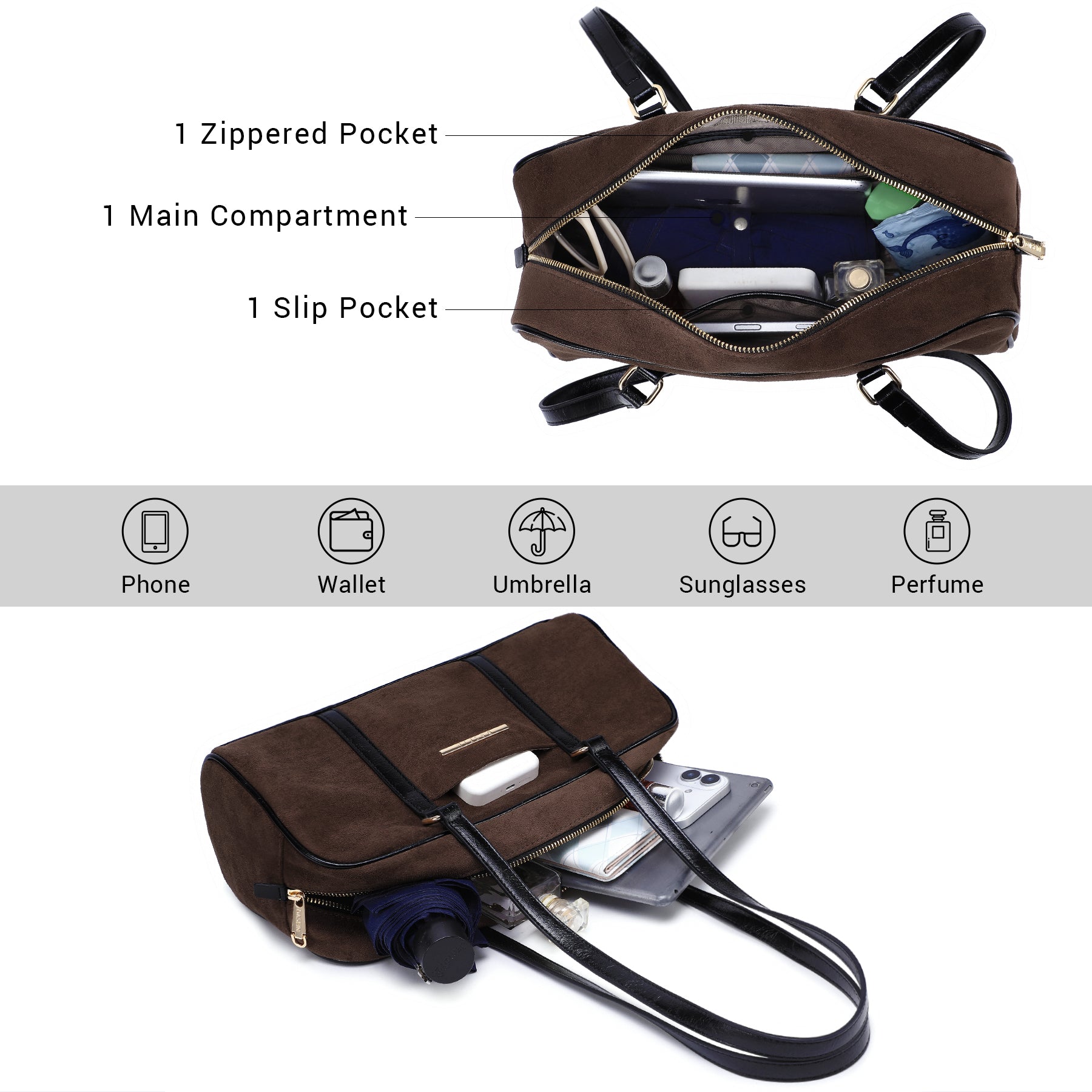 Faux Suede Shoulder Purses Retro Hobo Handbag Boston Style Bag East West Satchel