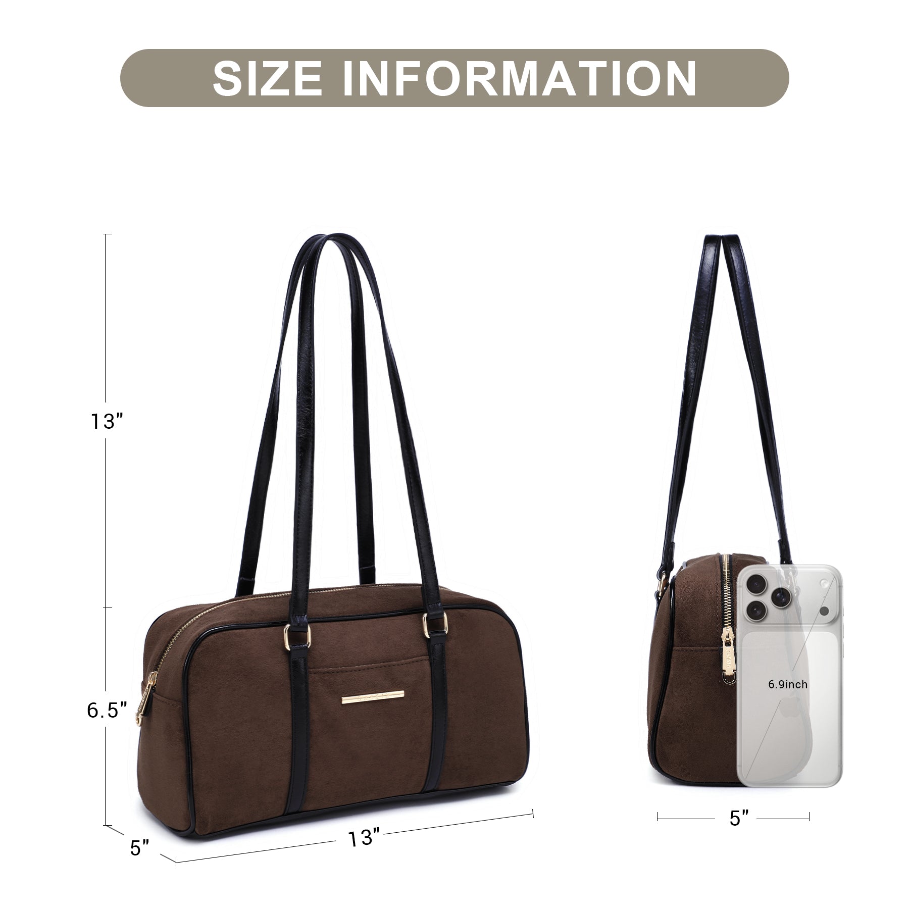 Faux Suede Shoulder Purses Retro Hobo Handbag Boston Style Bag East West Satchel