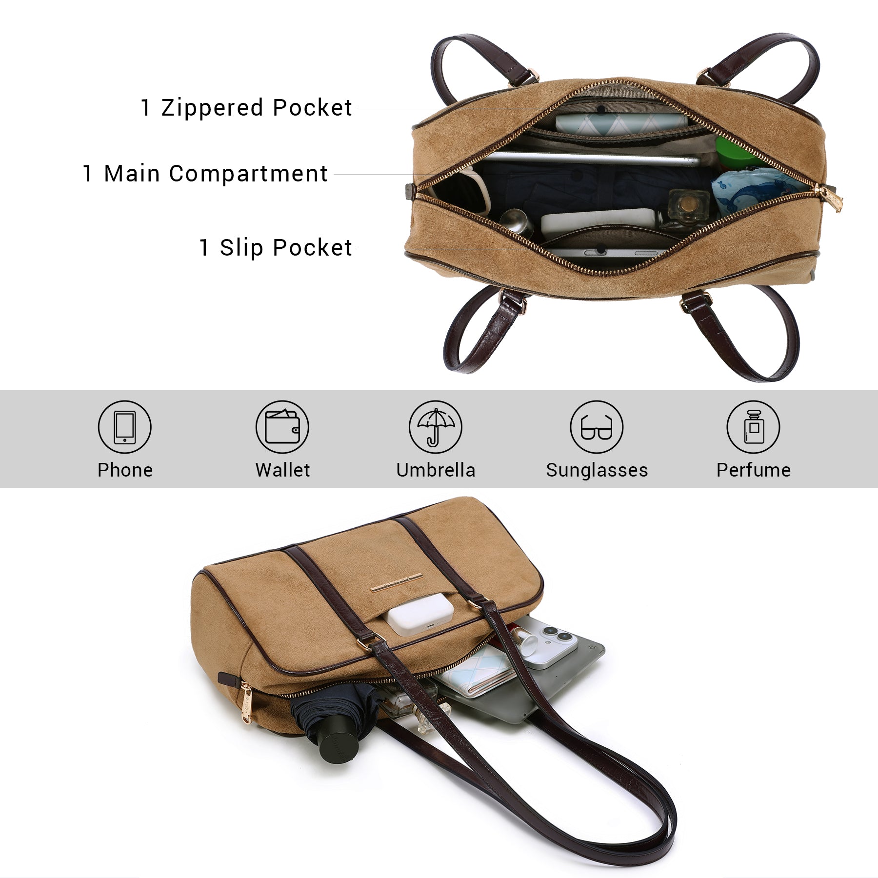 Faux Suede Shoulder Purses Retro Hobo Handbag Boston Style Bag East West Satchel