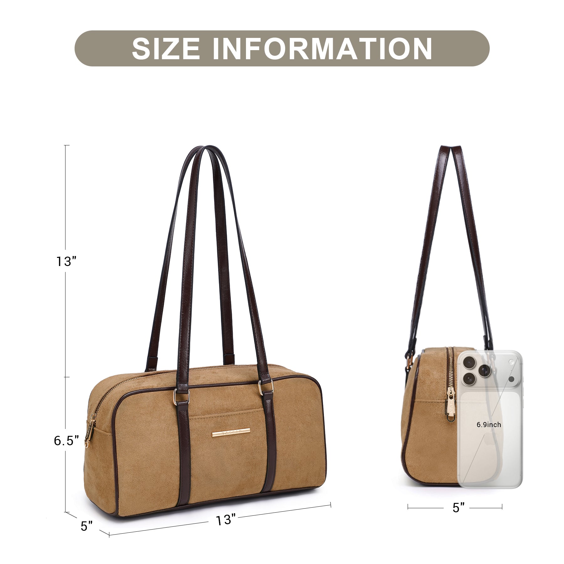 Faux Suede Shoulder Purses Retro Hobo Handbag Boston Style Bag East West Satchel