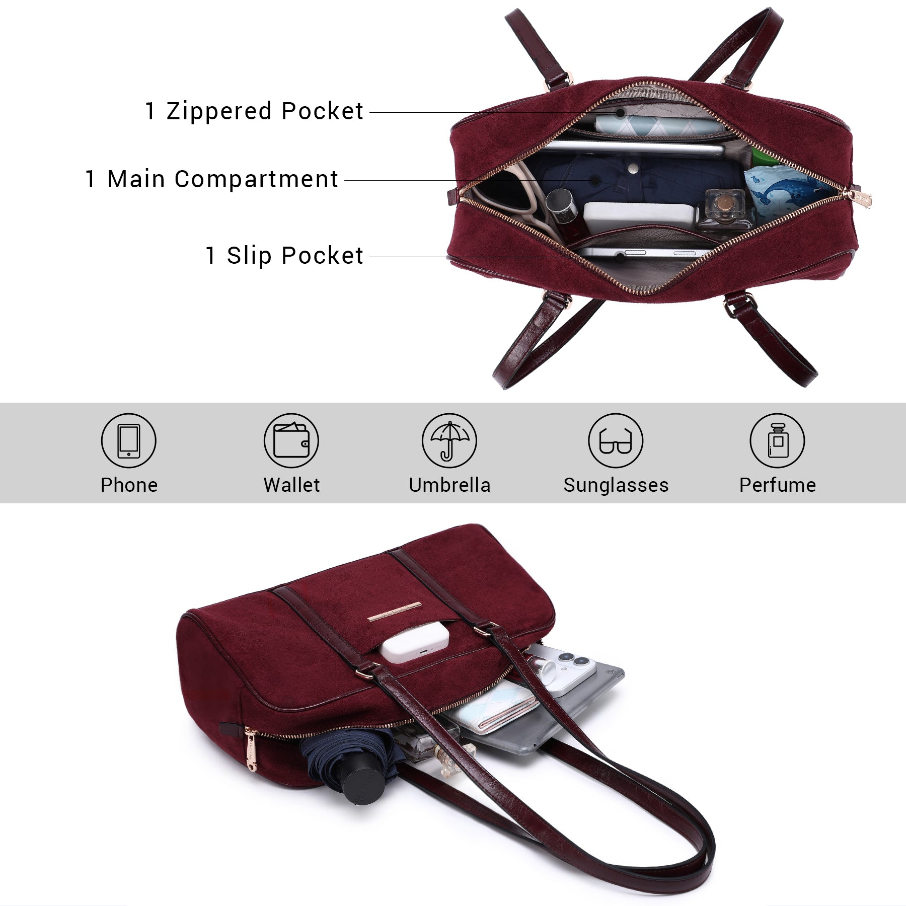 Faux Suede Shoulder Purses Retro Hobo Handbag Boston Style Bag East West Satchel