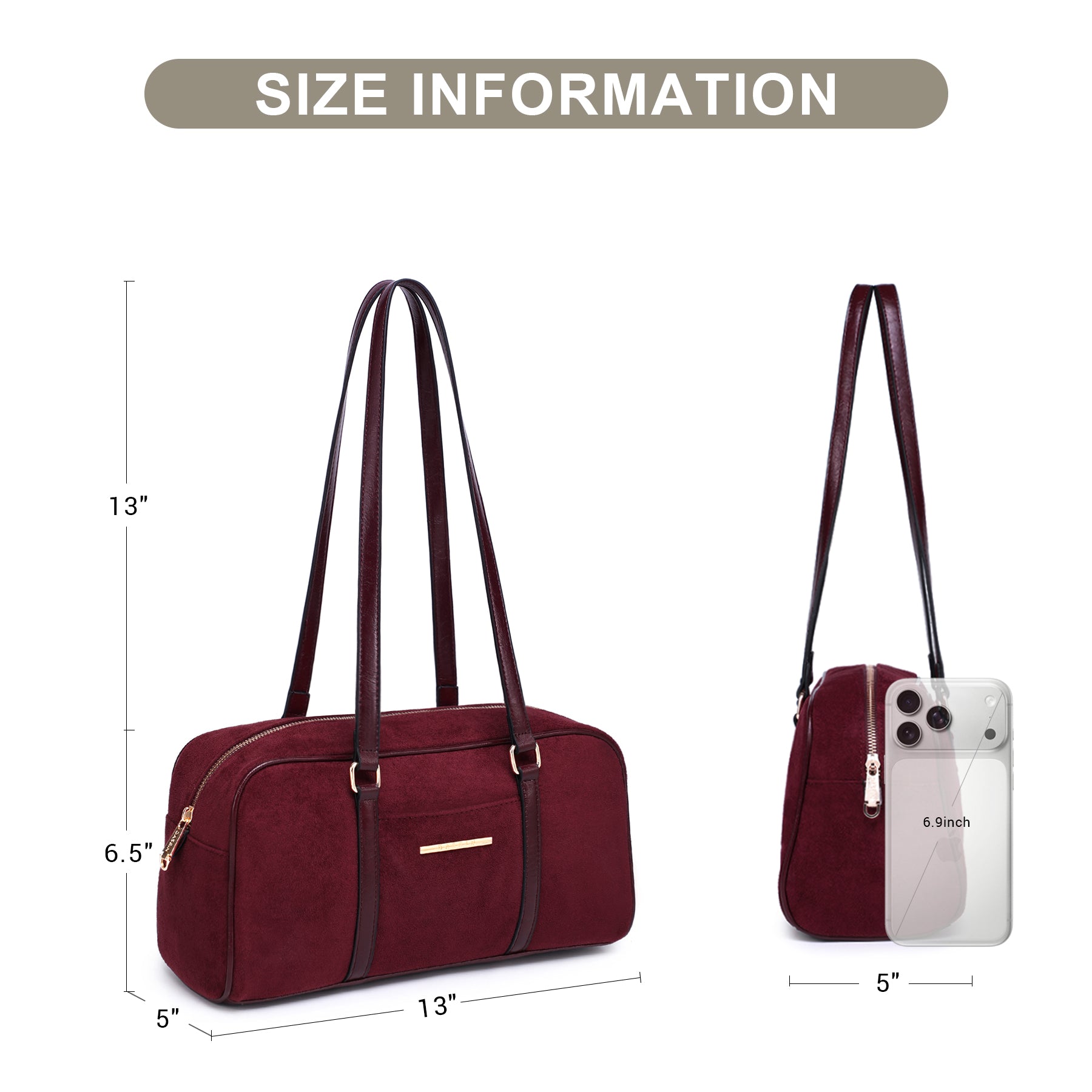 Faux Suede Shoulder Purses Retro Hobo Handbag Boston Style Bag East West Satchel