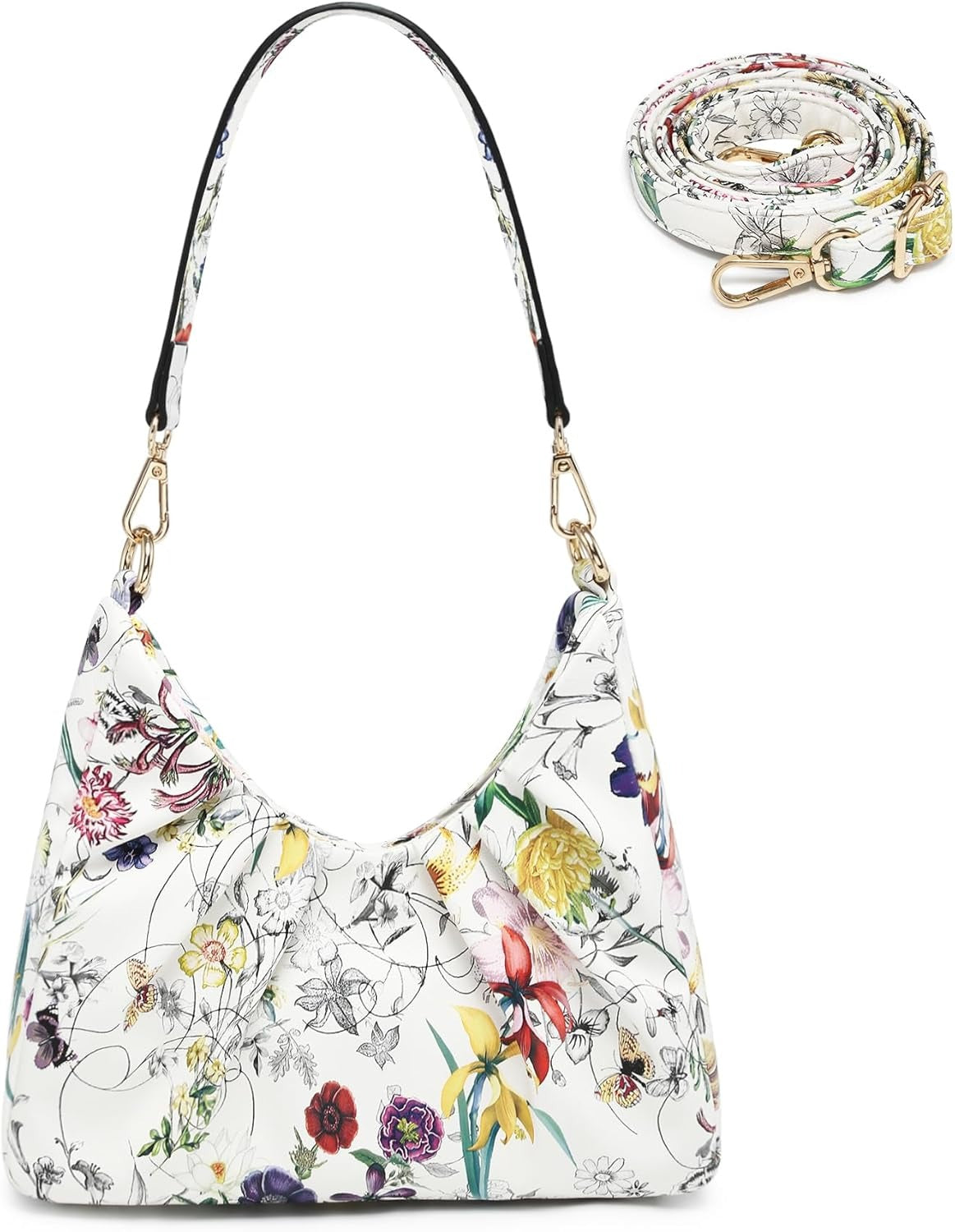 Ruched Hobo Handbag for Women Retro Shoulder Purse Crossbody Bag Flower