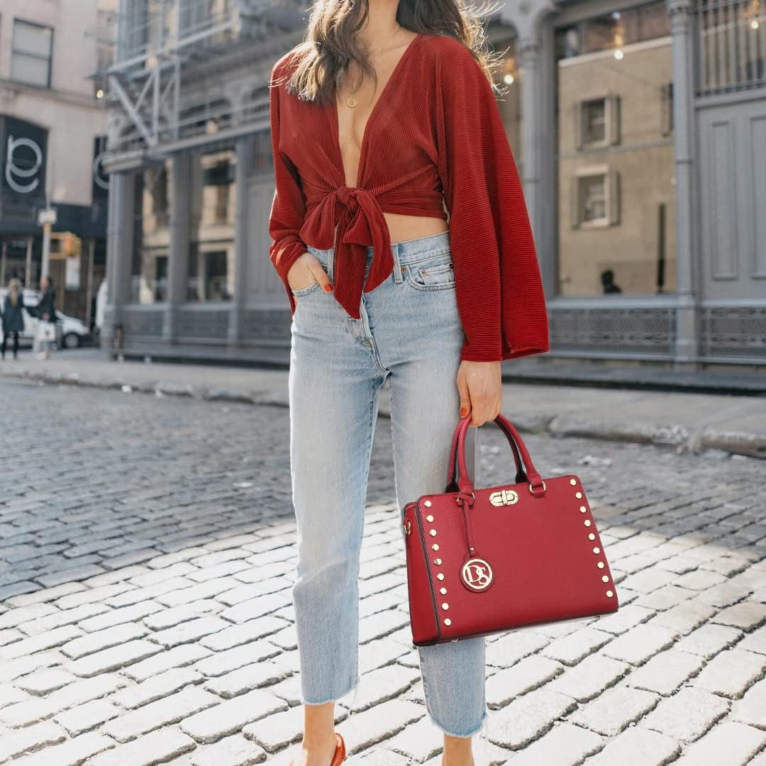 Women Medium Satchel Handbag Work Tote Shoulder Bag Top Handle Purse with Matching Clutch 2pcs Set