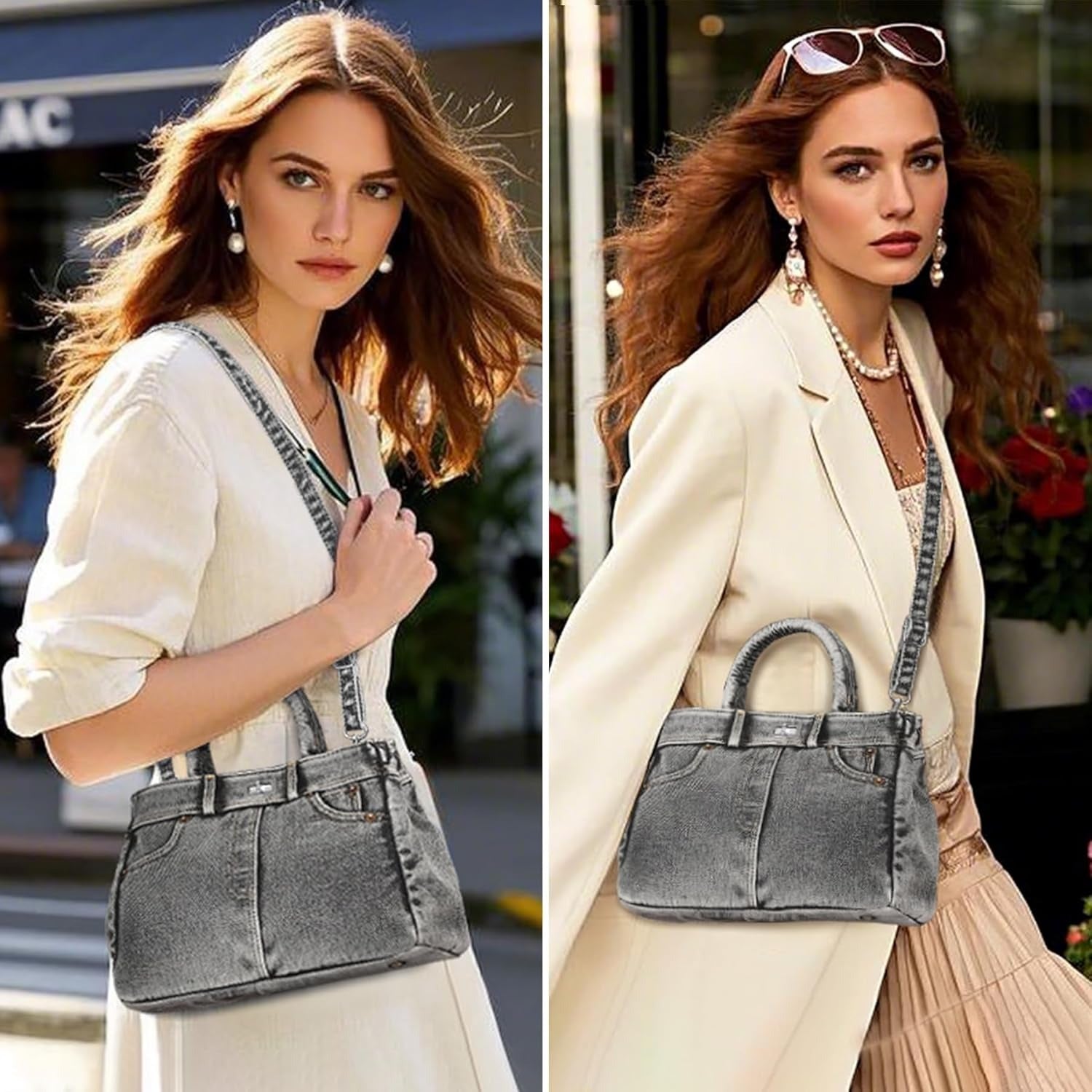 Trendy Denim Crossbody Bag Lightweight Satchel Shoulder Purse Handbag for Women w/Turn-Lock/Long Strap/Top Handle