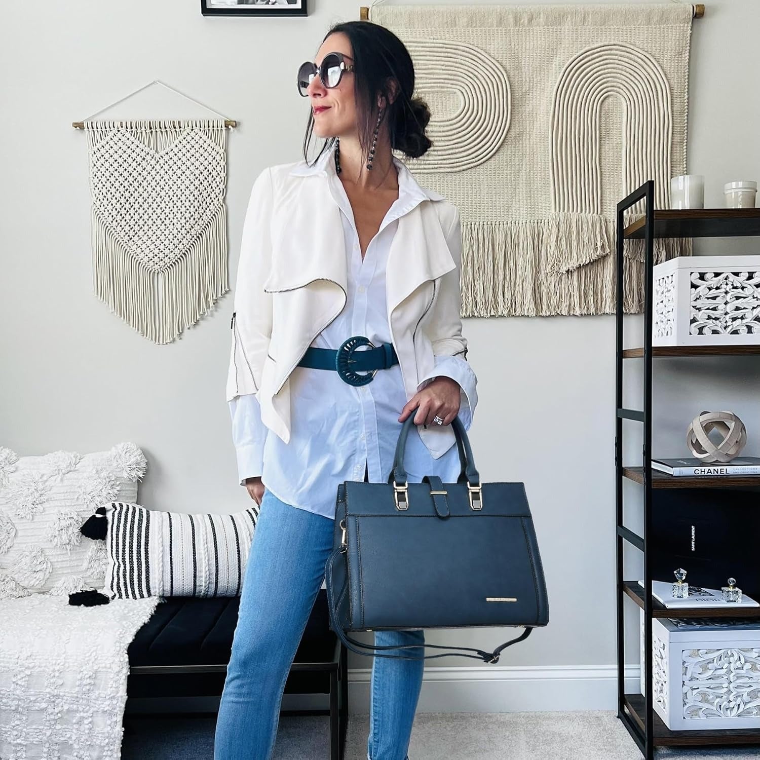 Women's Handbag Flap-over Belt Shoulder Bag Top Handle Tote Satchel Purse Work Bag w/Matching Wristlet