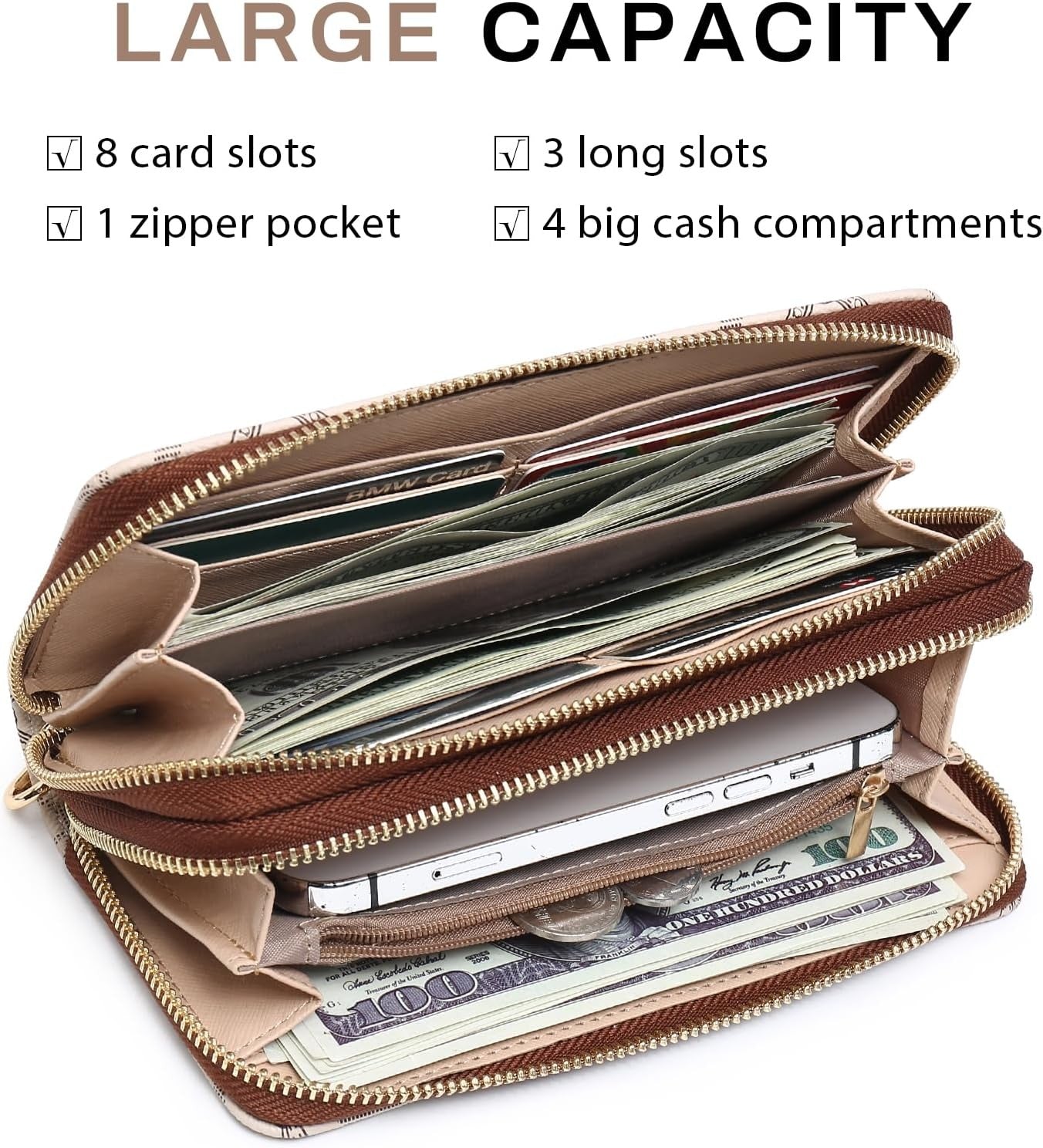 RFID Blocking Wallet Purse for Women Large Capacity Wristlet Clutch Bag Multi Card Holder Phone Case with Wrist Strap