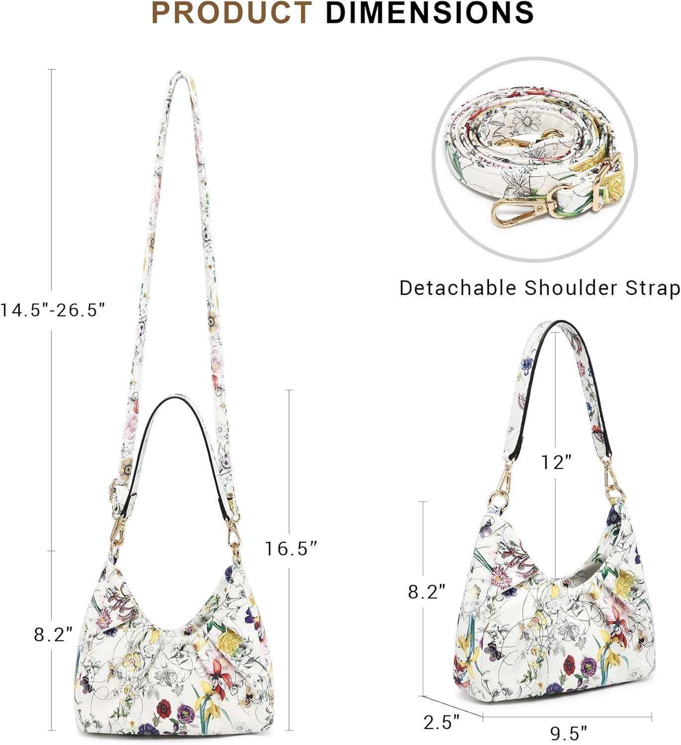 Ruched Hobo Handbag for Women Retro Shoulder Purse Crossbody Bag with 2 Removable Straps