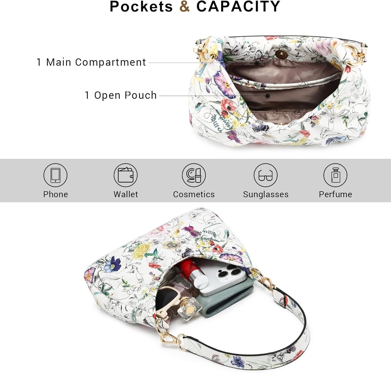 Ruched Hobo Handbag for Women Retro Shoulder Purse Crossbody Bag with 2 Removable Straps