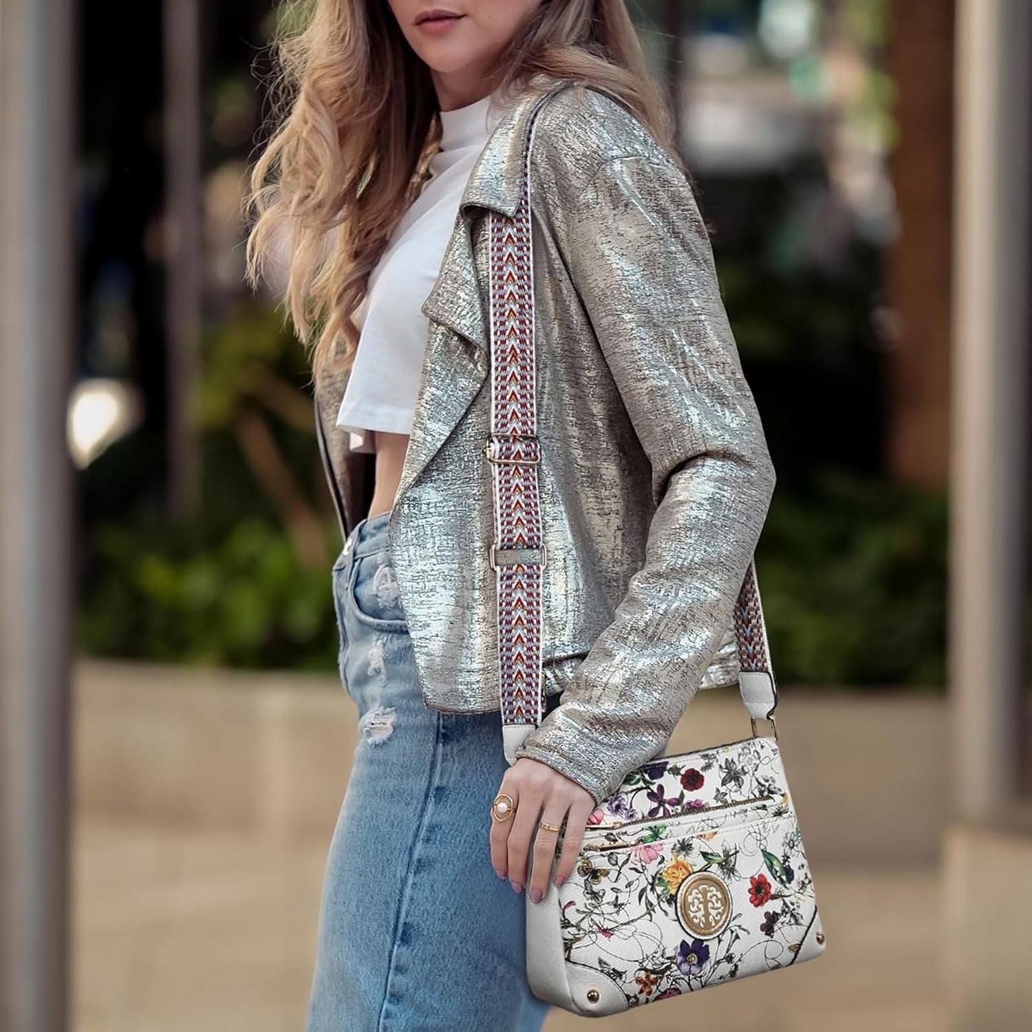 Crossbody Purses for Women Trendy Multi Pockets Shoulder Bag Medium Handbags with Guitar Strap