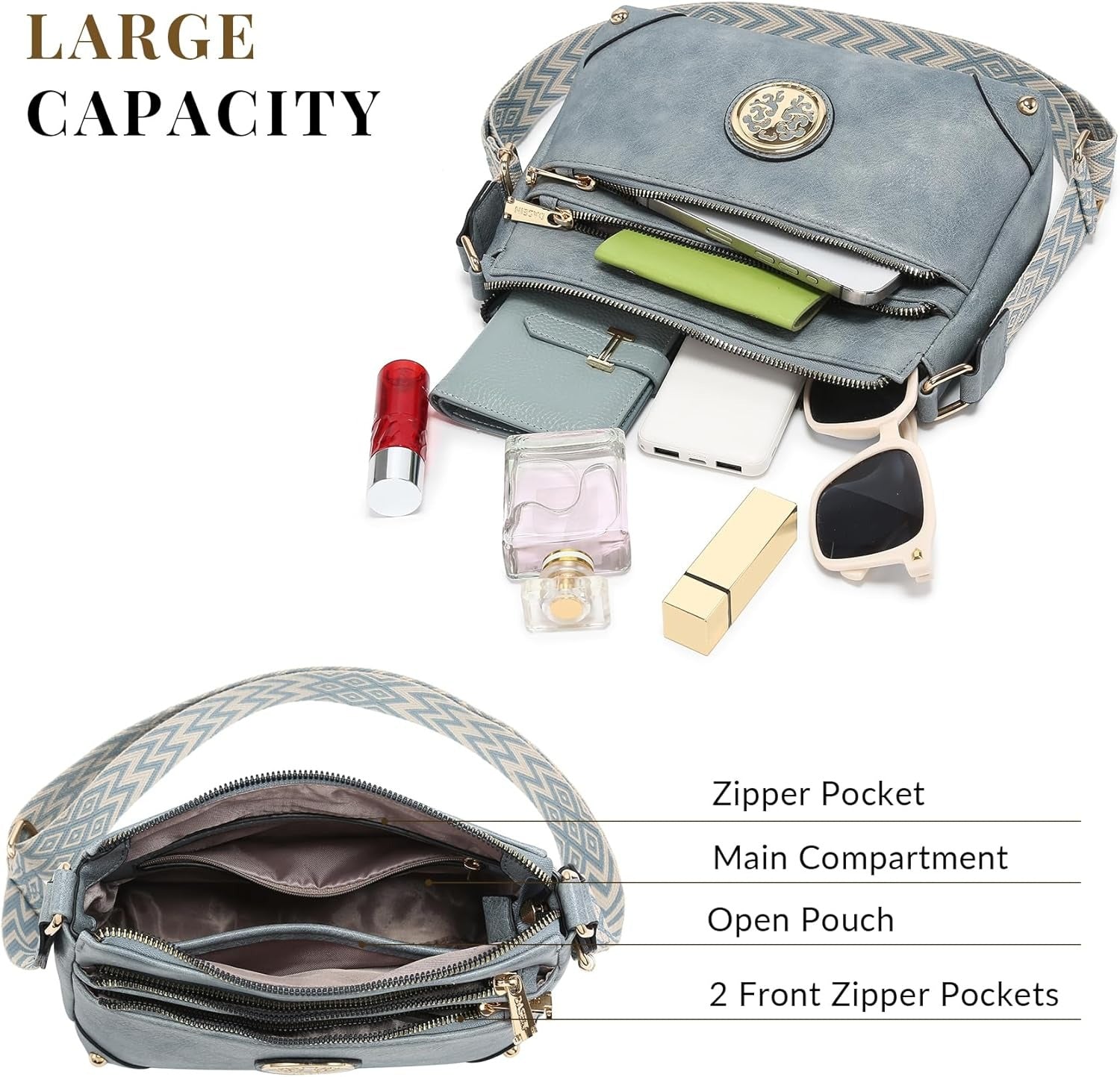 Crossbody Purses for Women Trendy Multi Pockets Shoulder Bag Medium Handbags with Guitar Strap