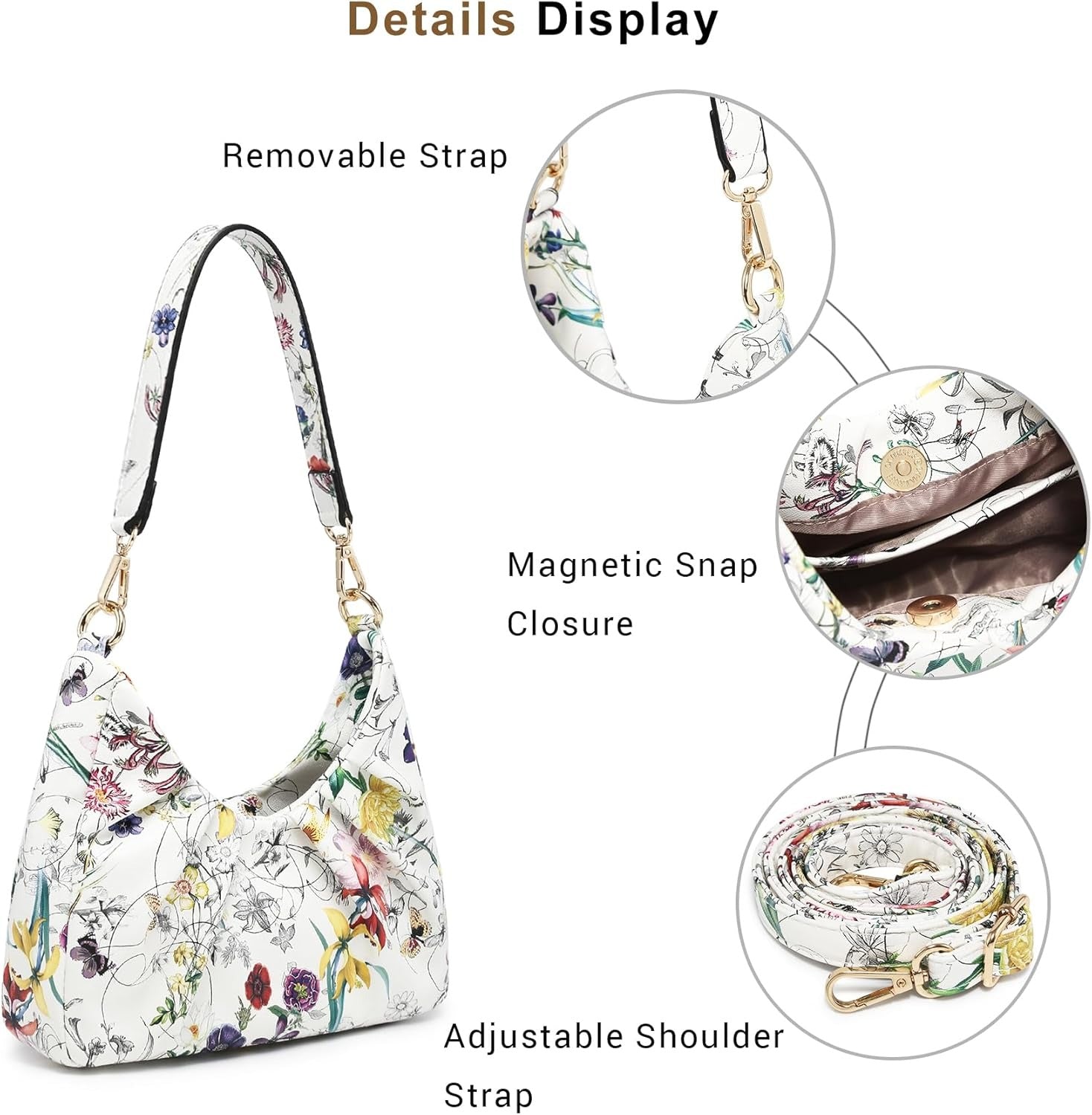Ruched Hobo Handbag for Women Retro Shoulder Purse Crossbody Bag with 2 Removable Straps