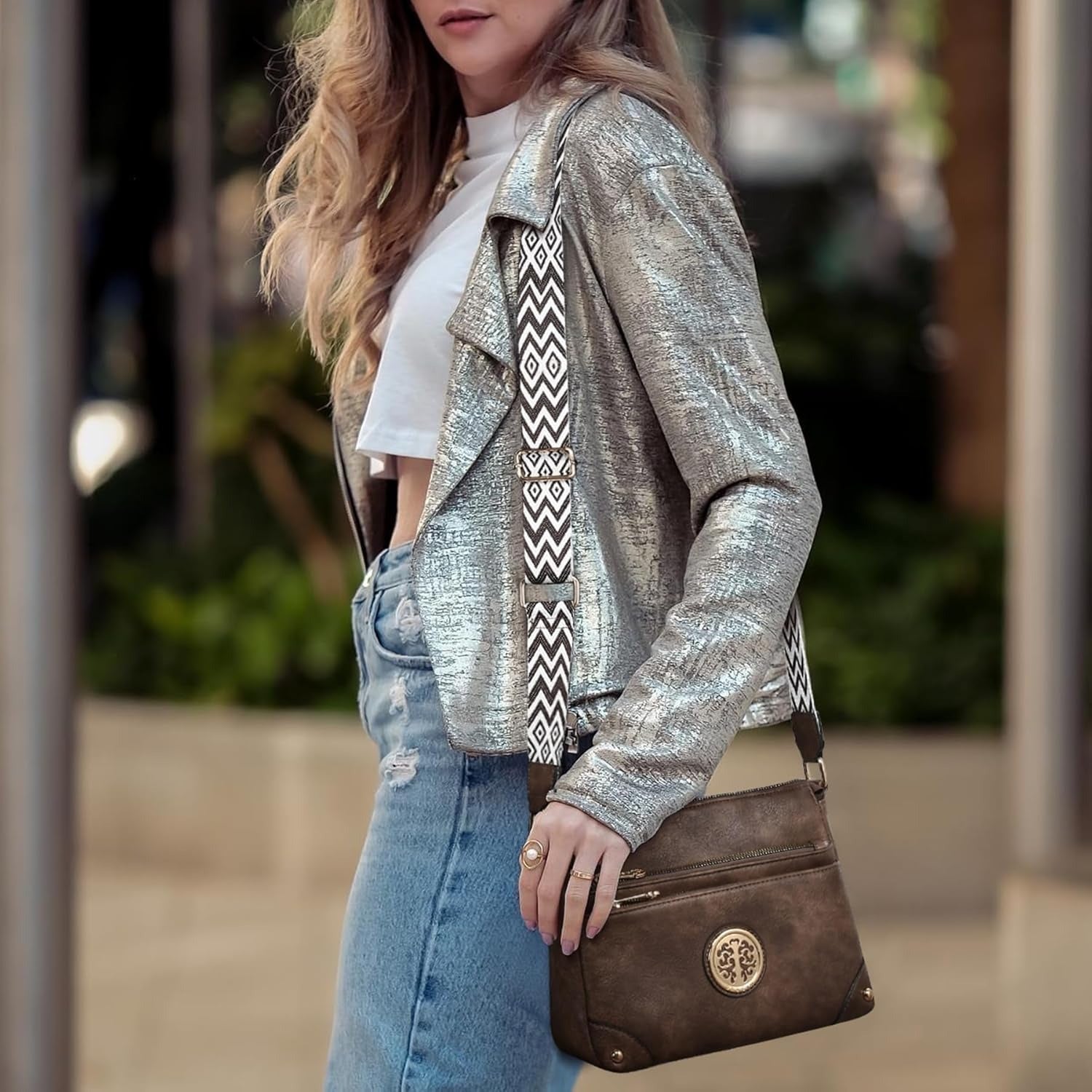 Crossbody Purses for Women Trendy Multi Pockets Shoulder Bag Medium Handbags with Guitar Strap