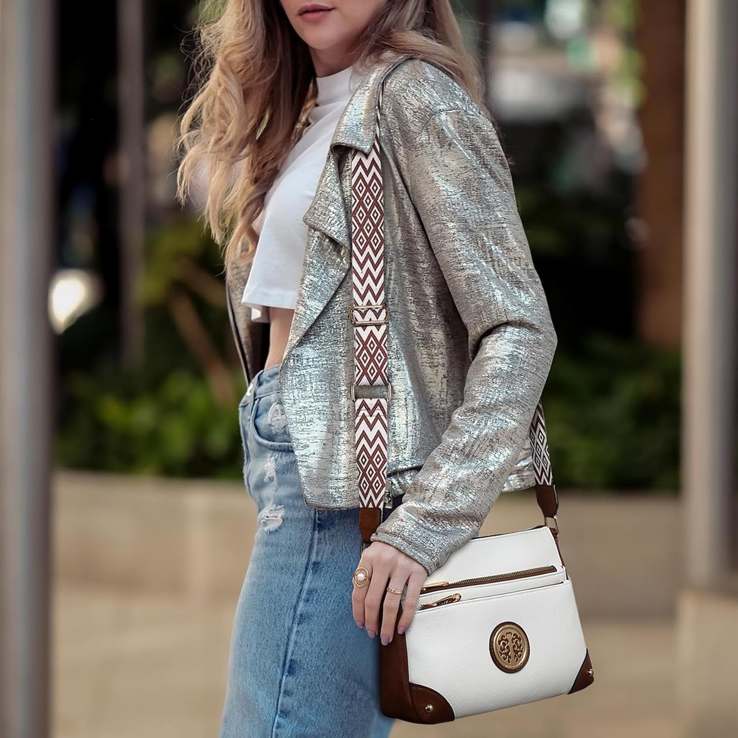 Crossbody Purses for Women Trendy Multi Pockets Shoulder Bag Medium Handbags with Guitar Strap