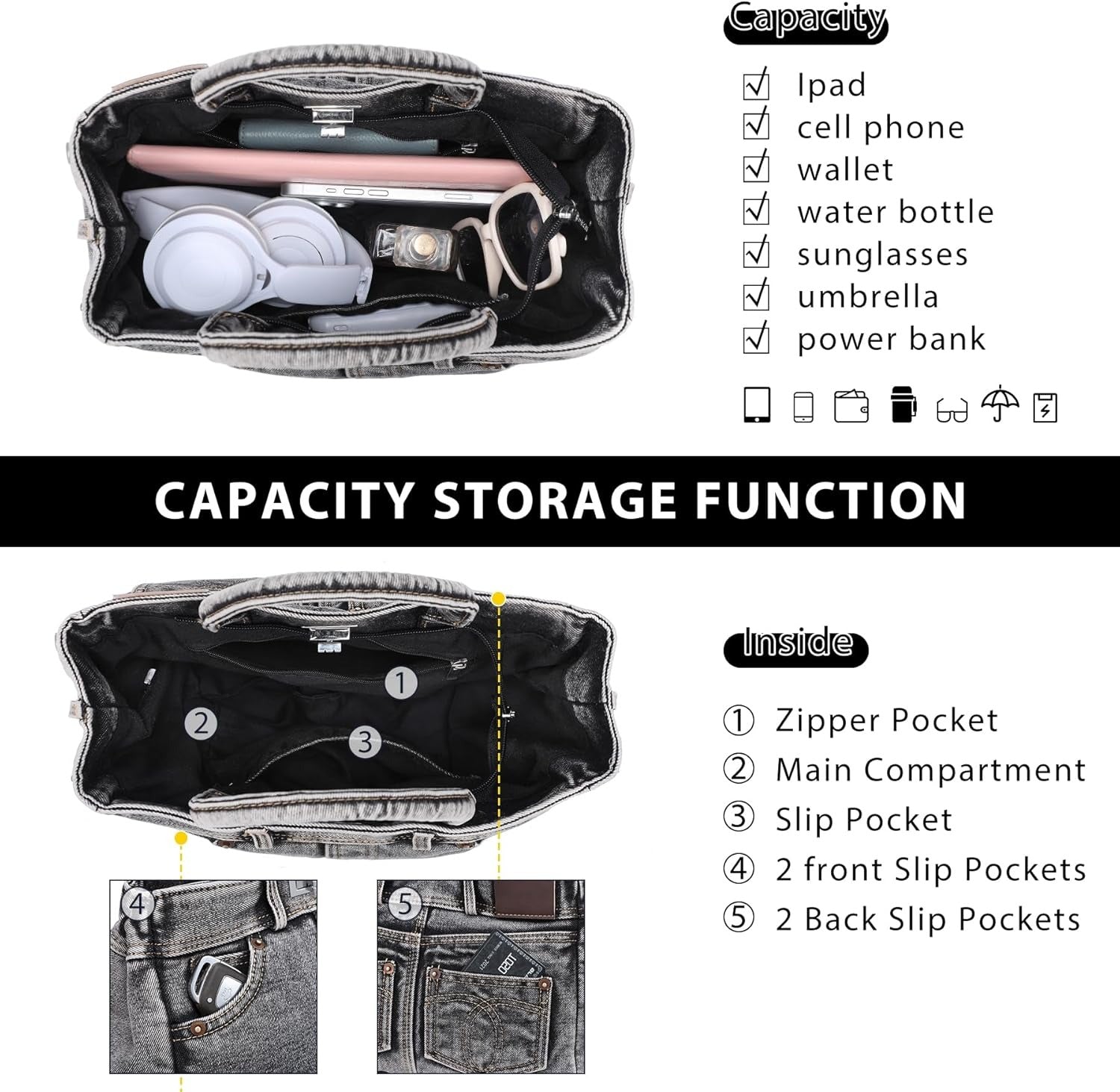 Trendy Denim Crossbody Bag Lightweight Satchel Shoulder Purse Handbag for Women w/Turn-Lock/Long Strap/Top Handle