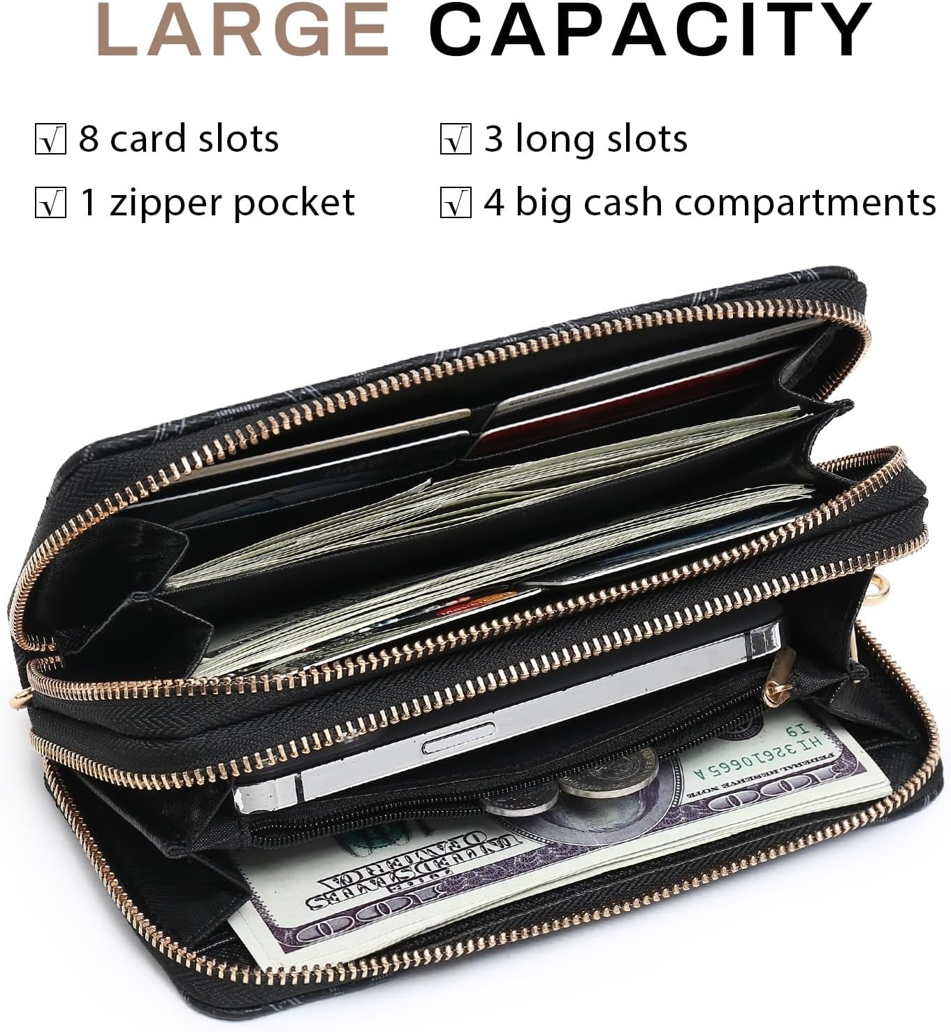 RFID Blocking Wallet Purse for Women Large Capacity Wristlet Clutch Bag Multi Card Holder Phone Case with Wrist Strap