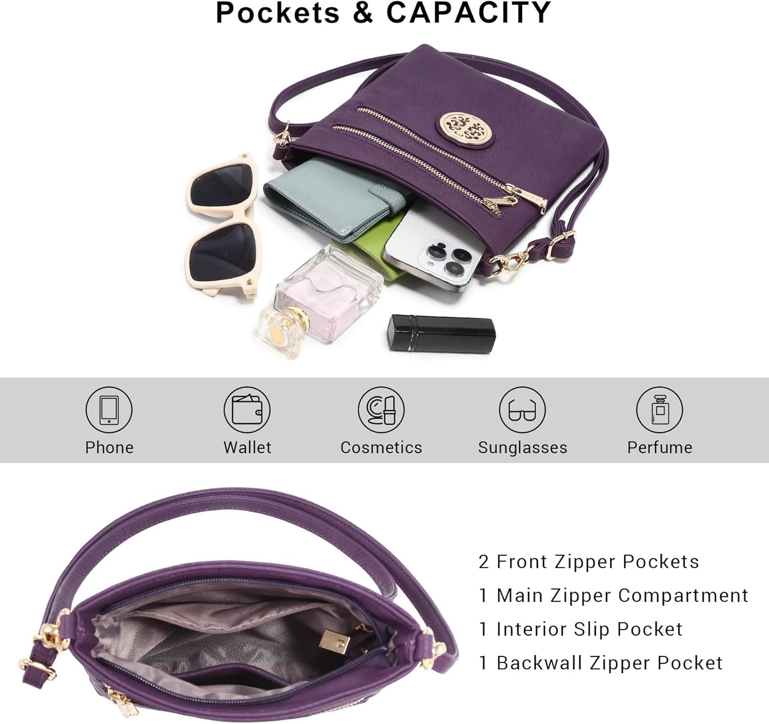 Women Small Crossbody Bag Lightweight Shoulder Purses Multi Zipper Pockets Phone Purse Handbag