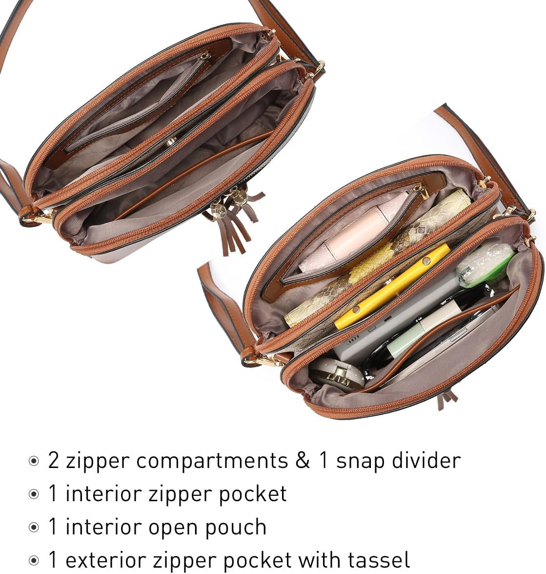 Women Tassel Zipper Pocket Crossbody Bag Shoulder Purse Fashion Travel Bag with Multi Pockets