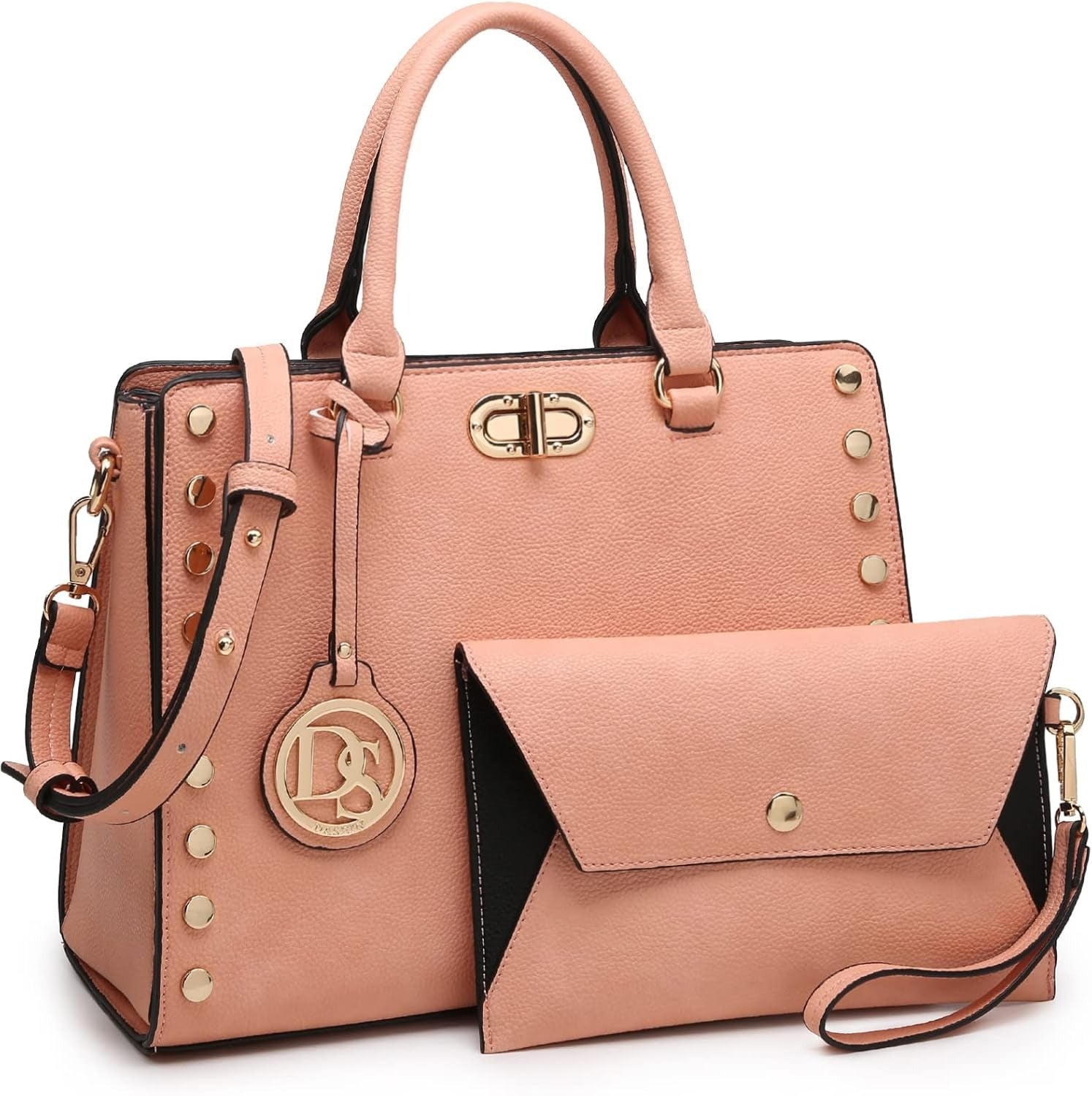 Women Medium Satchel Handbag Work Tote Shoulder Bag Top Handle Purse with Matching Clutch 2pcs Set