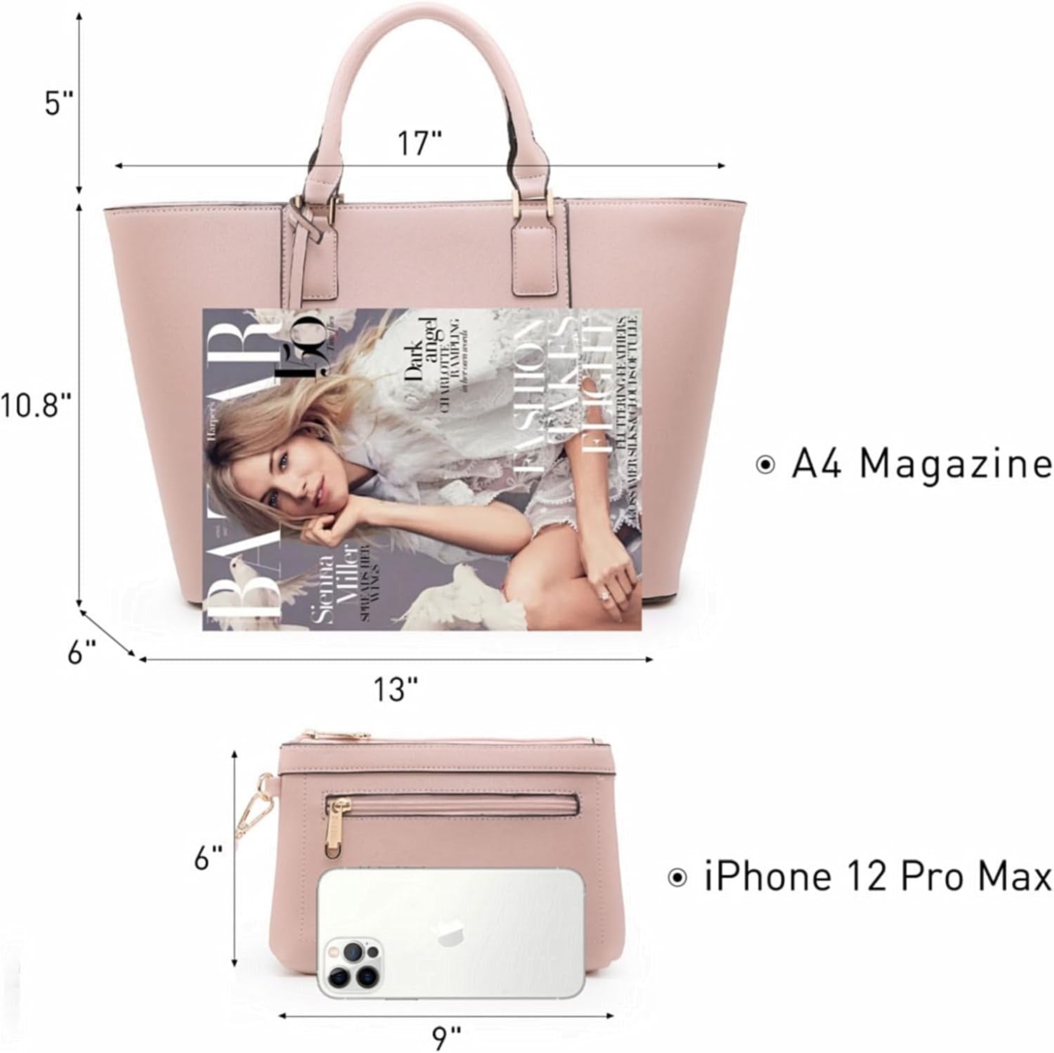 Women Satchel Purse Handbag Shoulder Bag Work Tote Bag with Matching Clutch