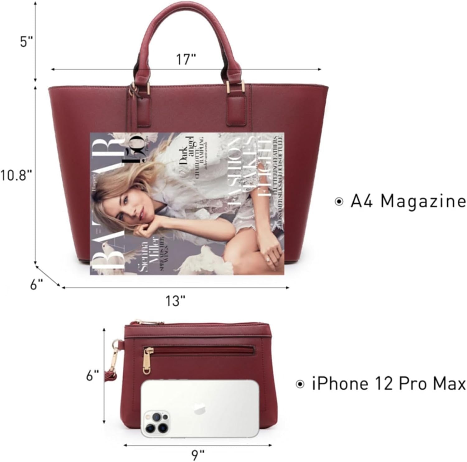 Women Satchel Purse Handbag Shoulder Bag Work Tote Bag with Matching Clutch