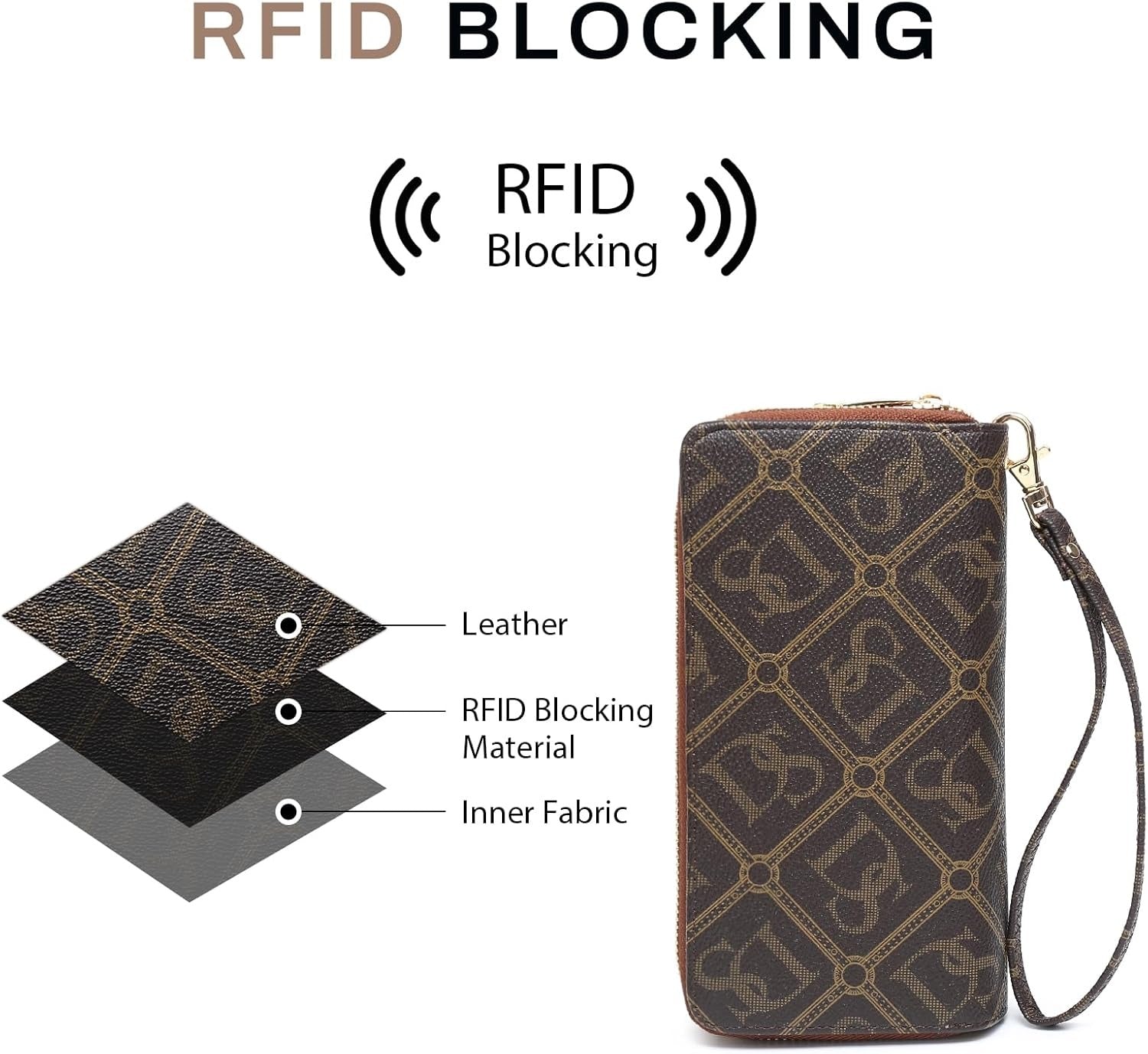 RFID Blocking Wallet Purse for Women Large Capacity Wristlet Clutch Bag Multi Card Holder Phone Case with Wrist Strap