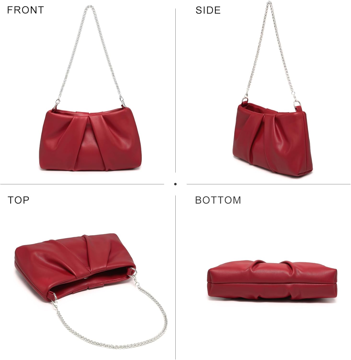 Elegant Pleated Evening Bag Soft Vegan Leather Clutch Purse Dressy Formal Handbag with 2 Chain Straps for Women