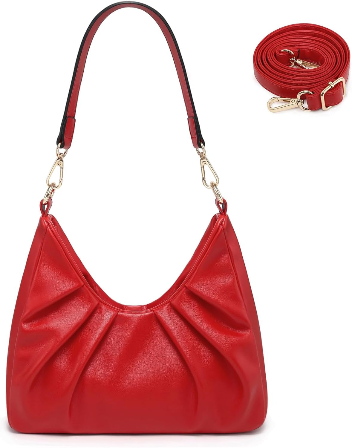 Ruched Hobo Handbag for Women Retro Shoulder Purse Crossbody Bag with 2 Removable Straps