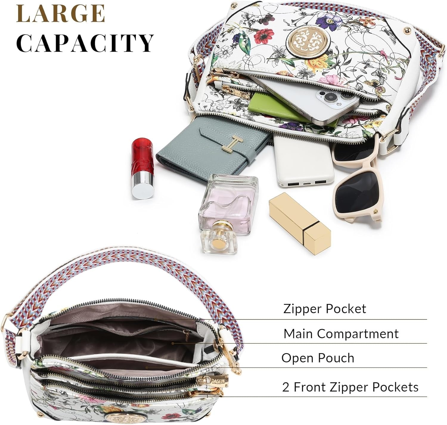 Crossbody Purses for Women Trendy Multi Pockets Shoulder Bag Medium Handbags with Guitar Strap