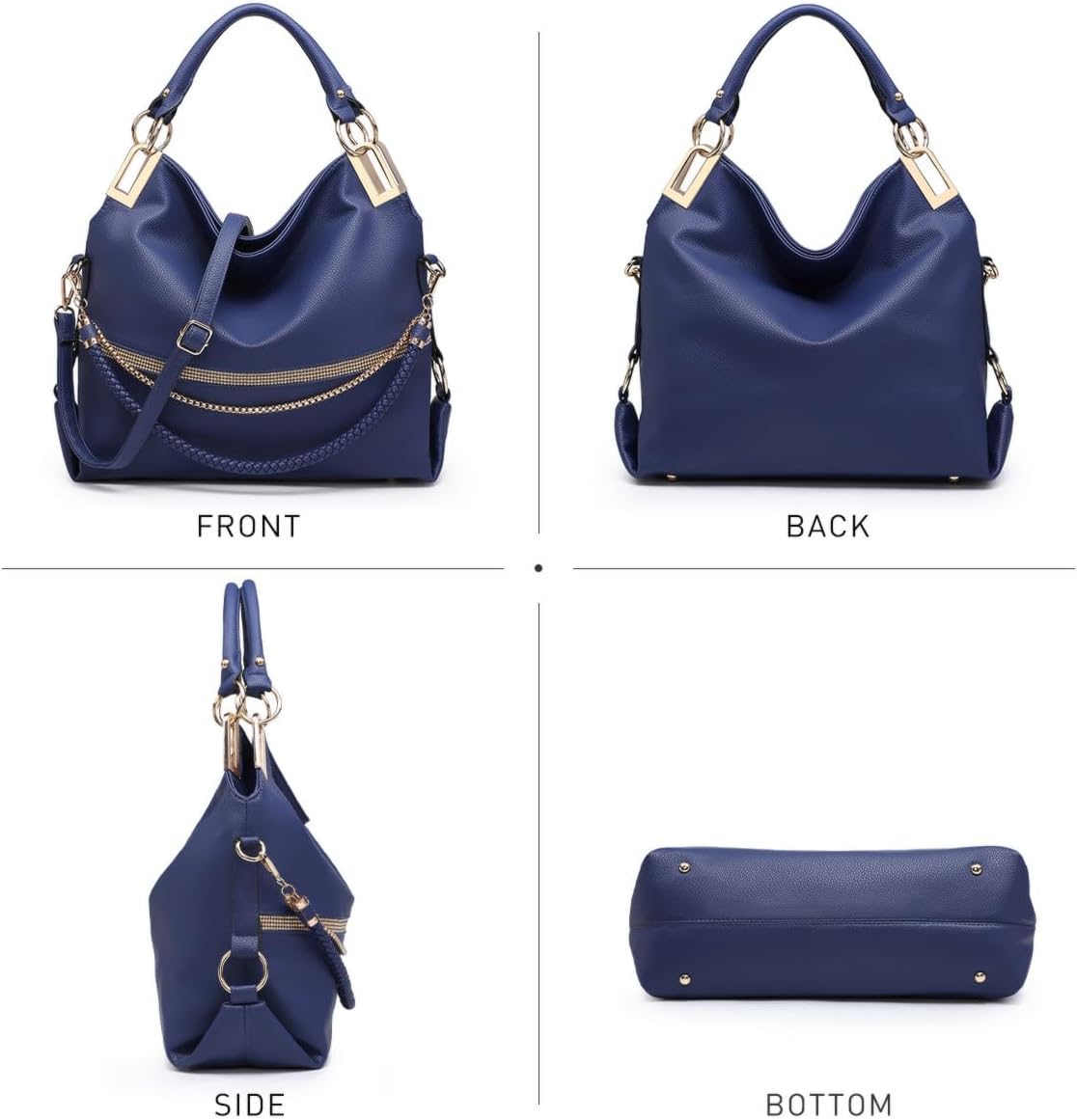 Women's Large Hobo Bag with Rhinestone Accents Vegan Leather Tote Purse Shoulder Handbag for Ladies