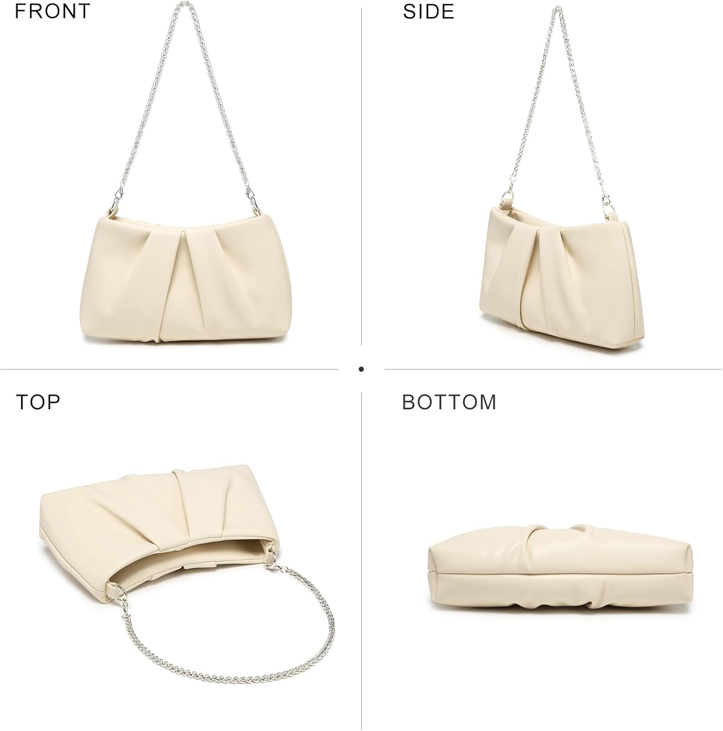 Elegant Pleated Evening Bag Soft Vegan Leather Clutch Purse Dressy Formal Handbag with 2 Chain Straps for Women