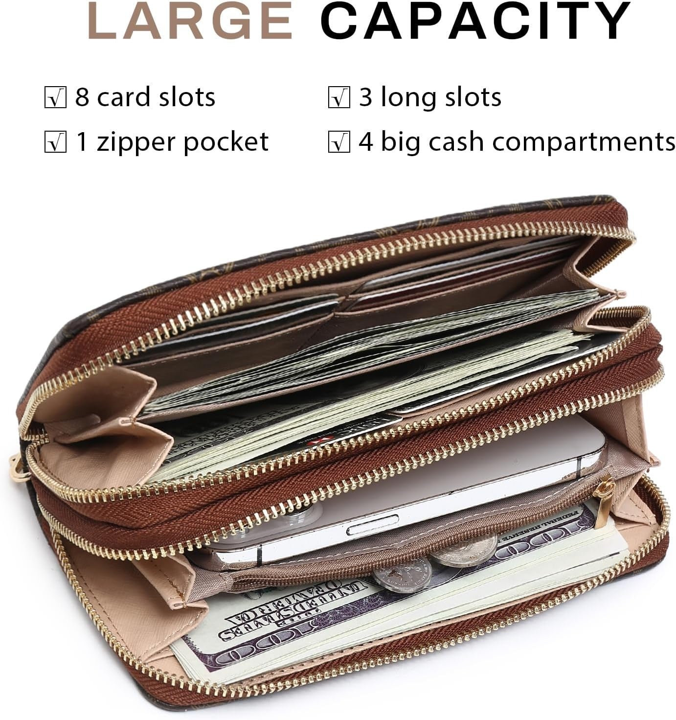 RFID Blocking Wallet Purse for Women Large Capacity Wristlet Clutch Bag Multi Card Holder Phone Case with Wrist Strap