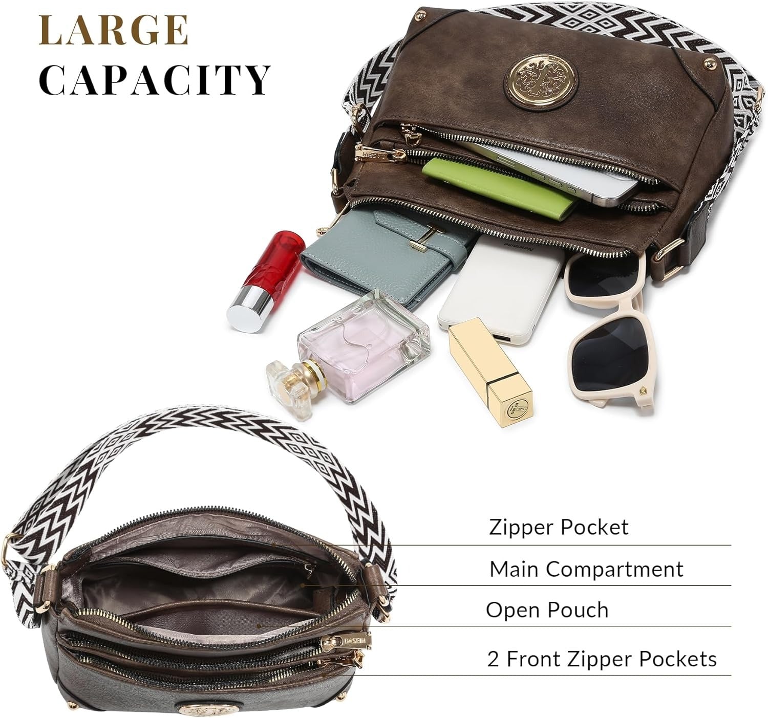 Crossbody Purses for Women Trendy Multi Pockets Shoulder Bag Medium Handbags with Guitar Strap