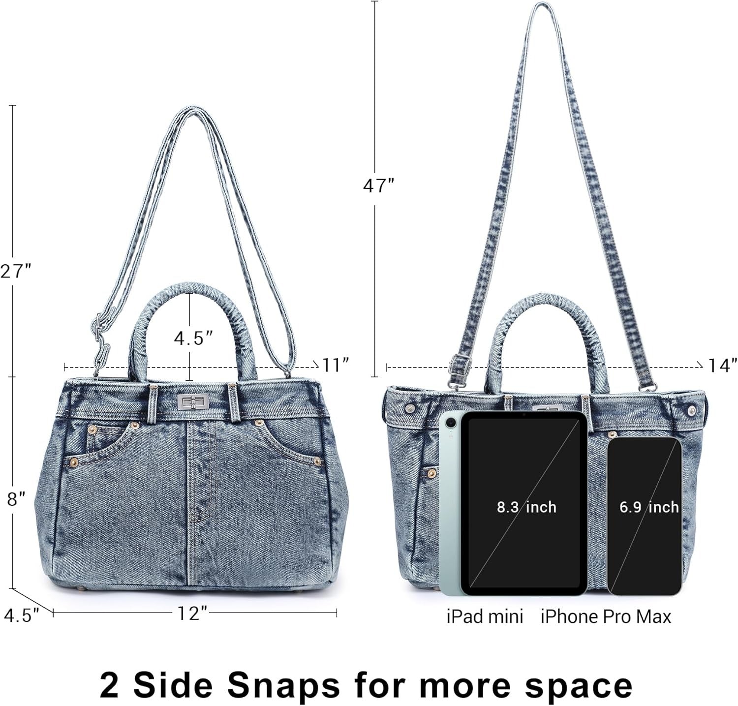 Trendy Denim Crossbody Bag Lightweight Satchel Shoulder Purse Handbag for Women w/Turn-Lock/Long Strap/Top Handle